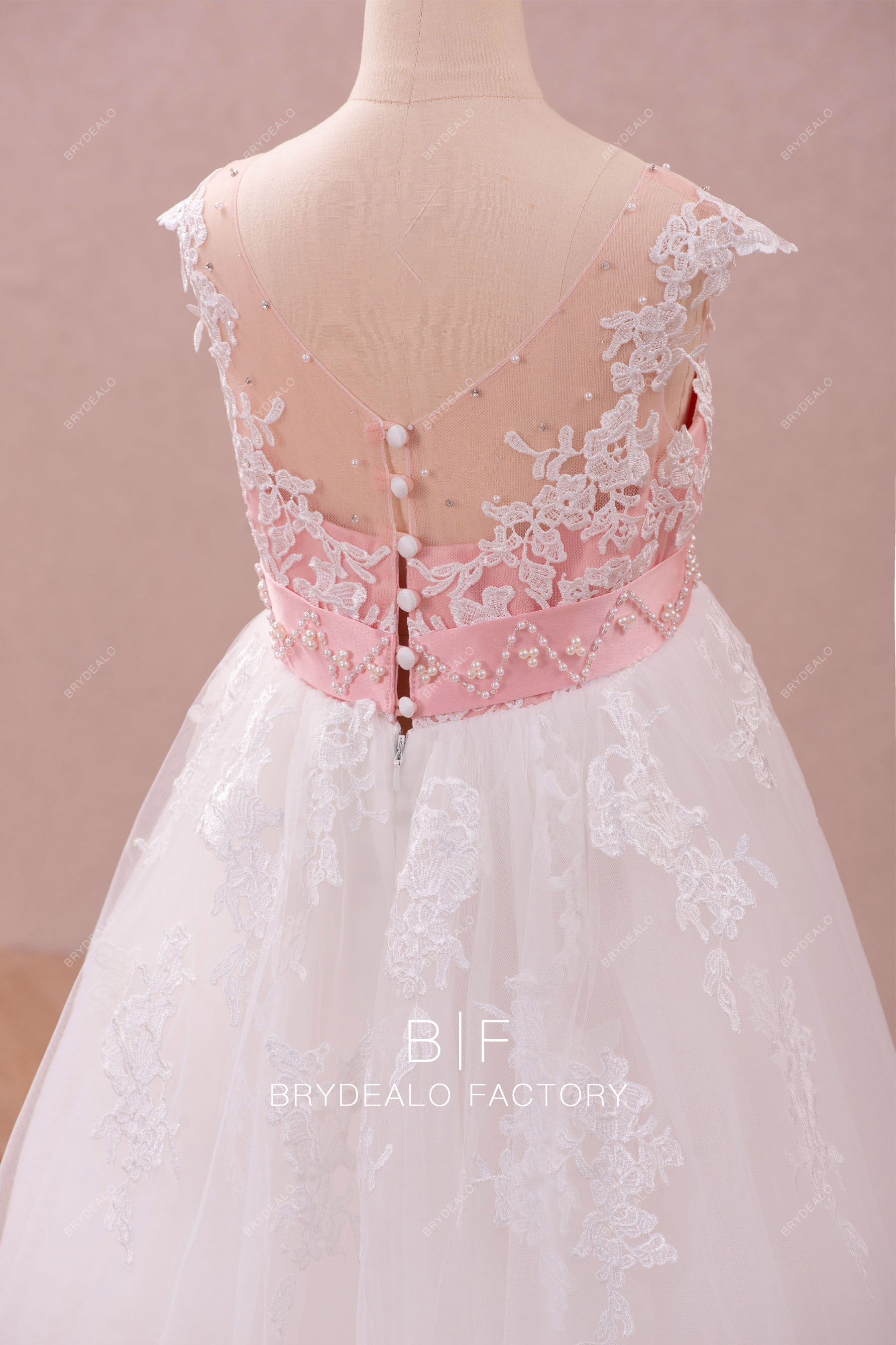 buttoned back beading lace flower girl dress