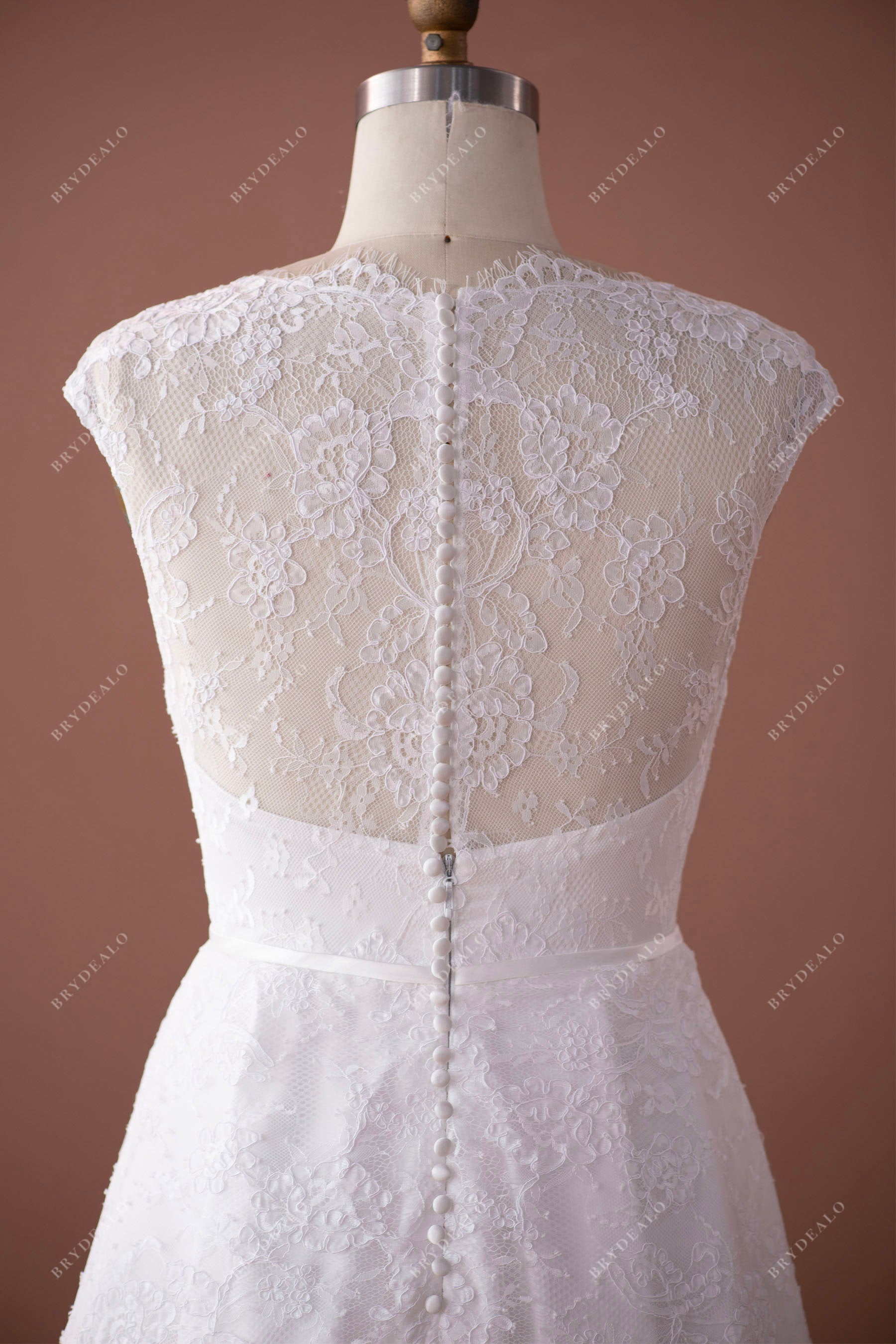 sheer lace back scalloped high neck back wedding gown