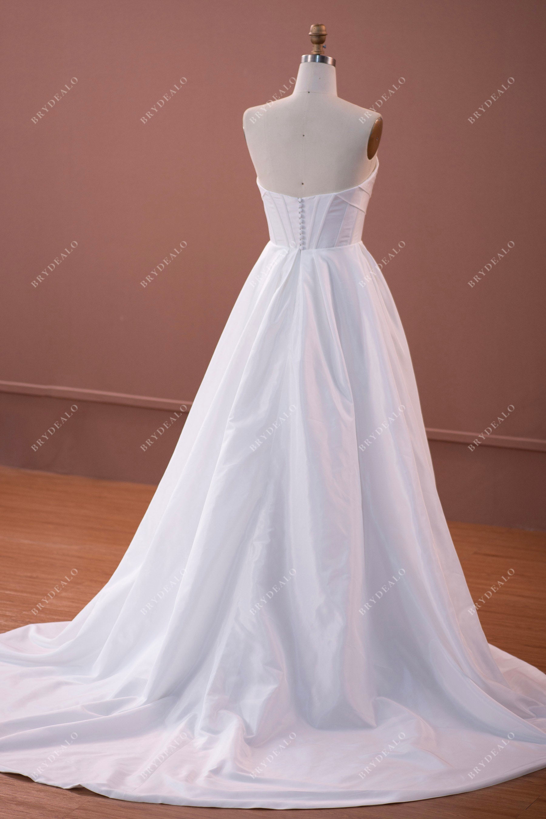 buttoned back long taffeta wedding dress