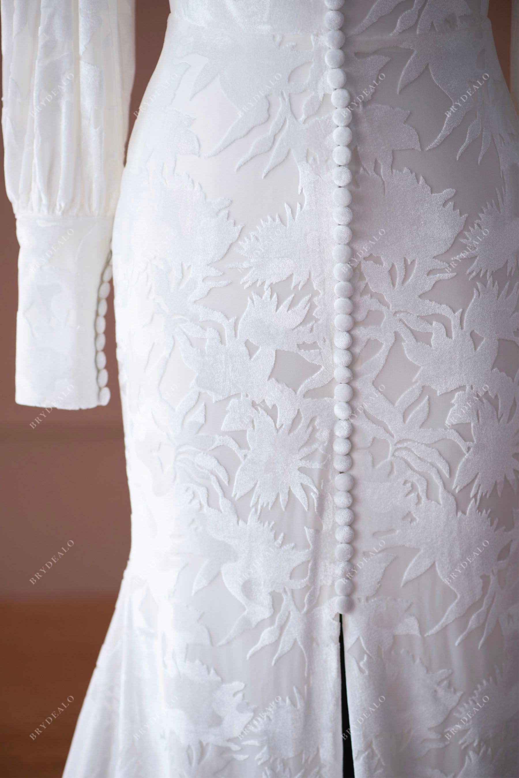 buttoned burnout velvet wedding dress