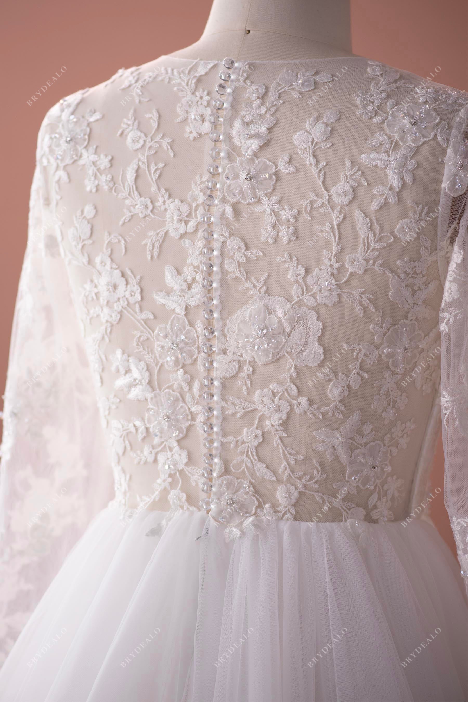 buttoned illusion lace back wedding dress