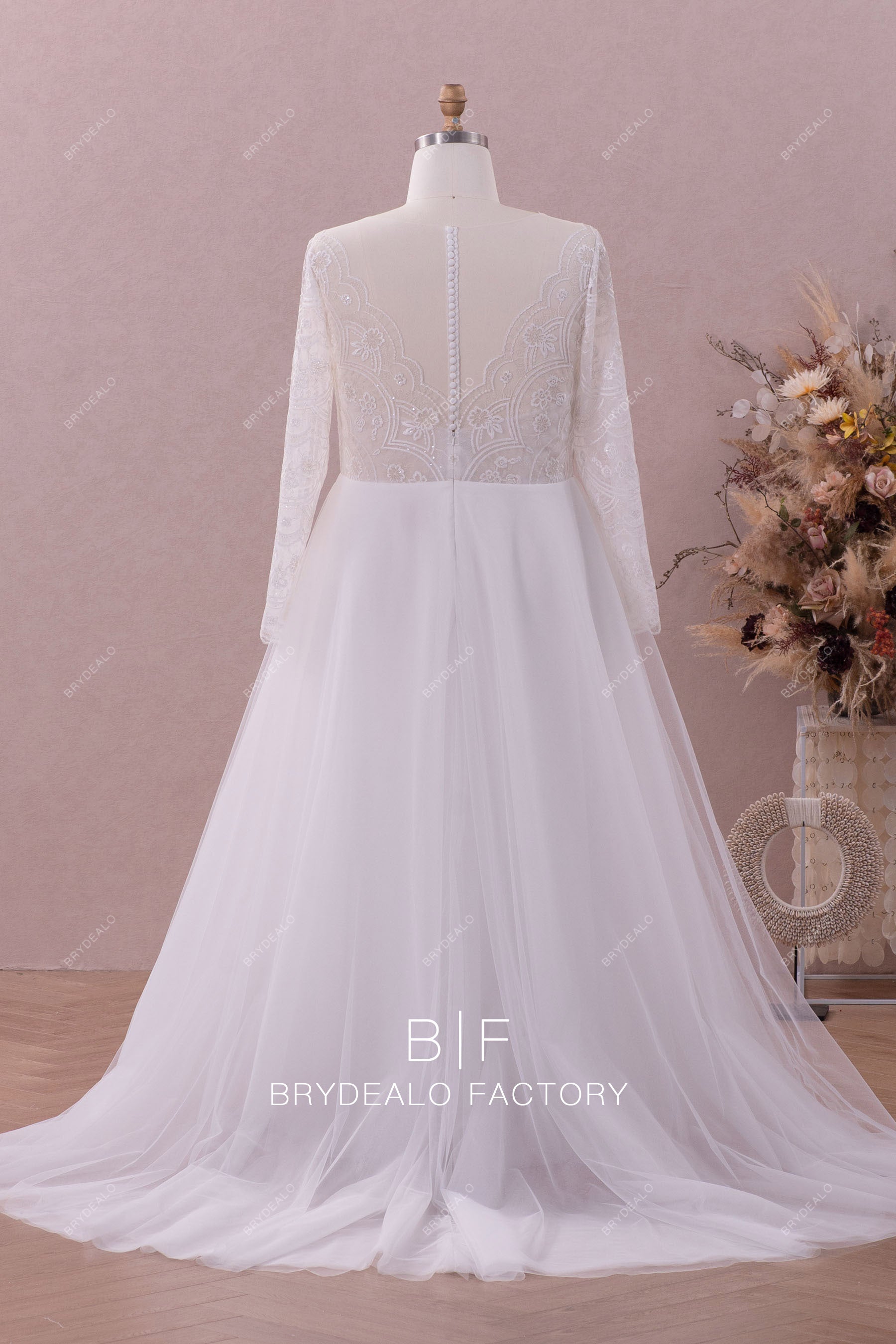 buttoned sheer back lace tulle wedding gown