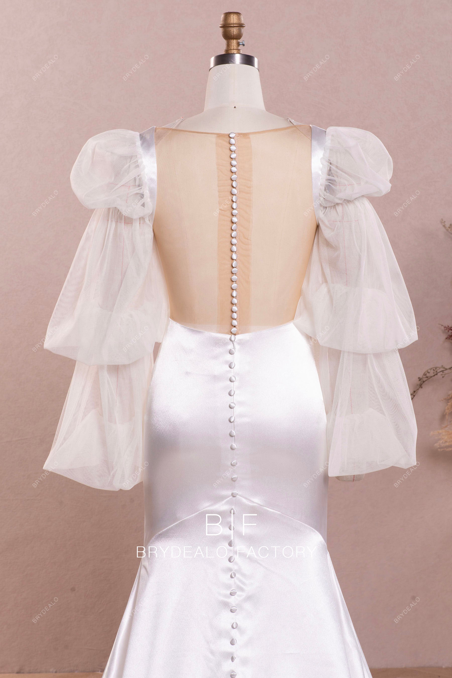 buttoned sheer back wedding dress