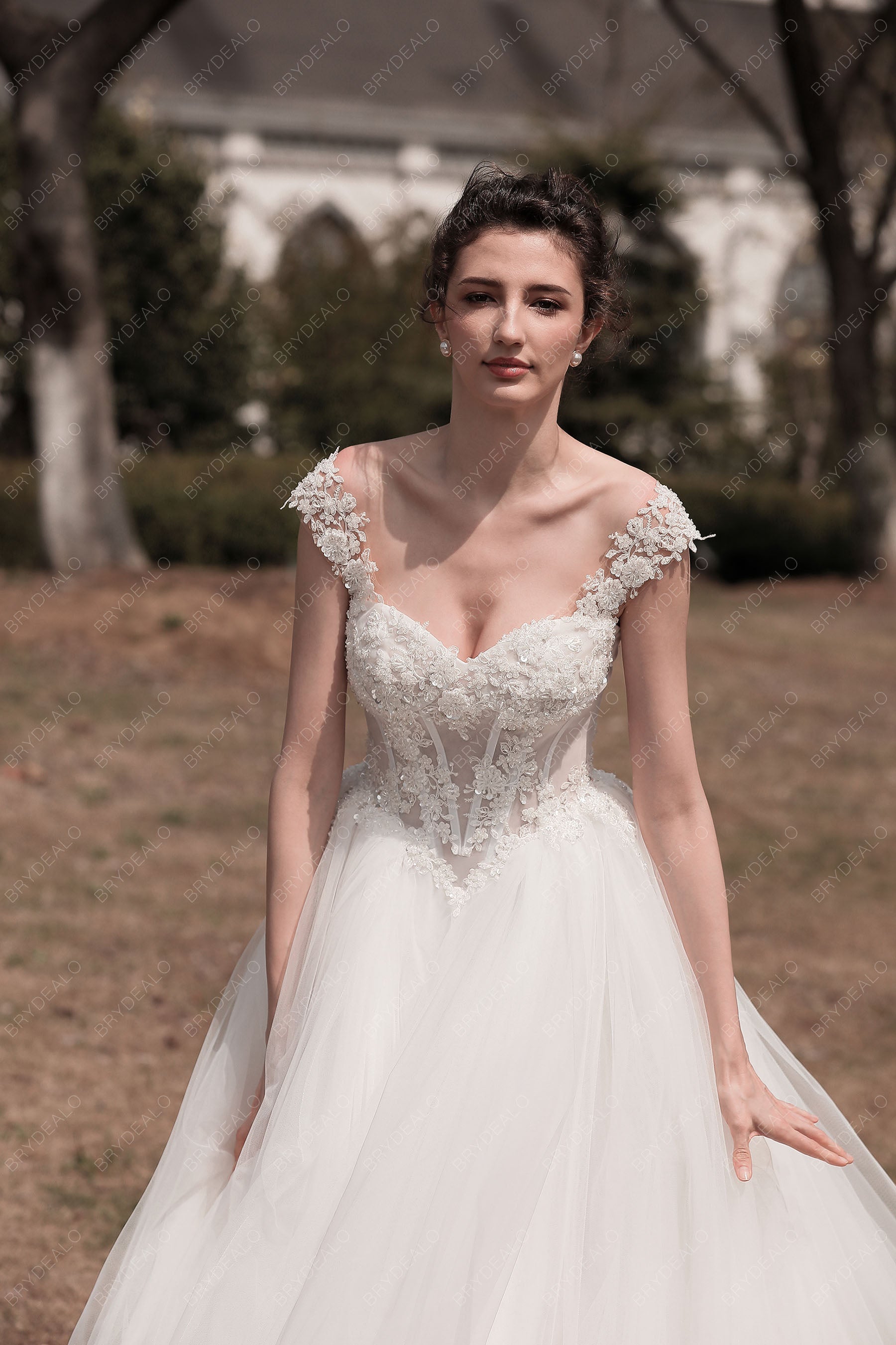Cap Sleeve Beaded Lace Puffy A-line Wedding Dress Online