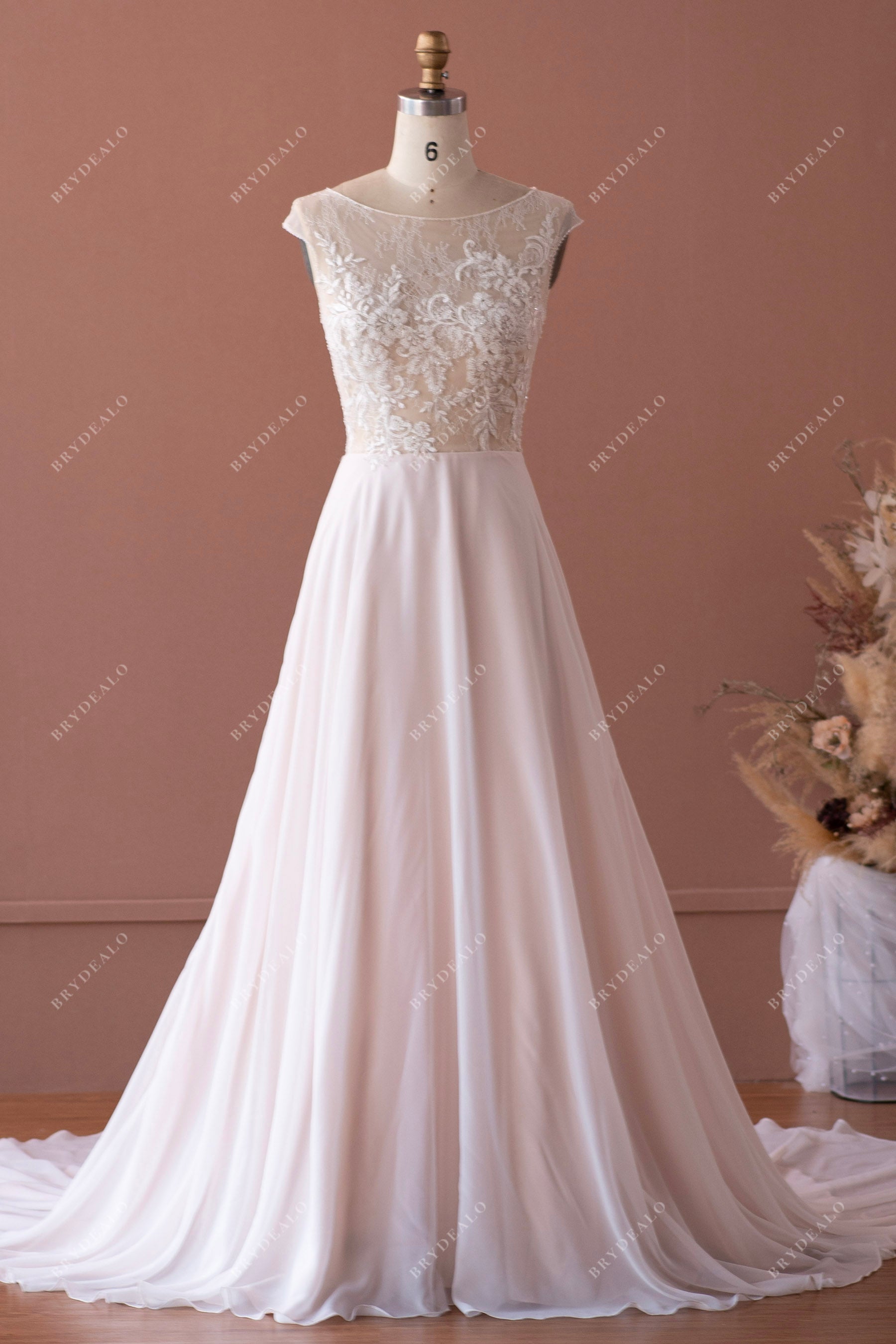 cap sleeve beaded lace chiffon wedding dress