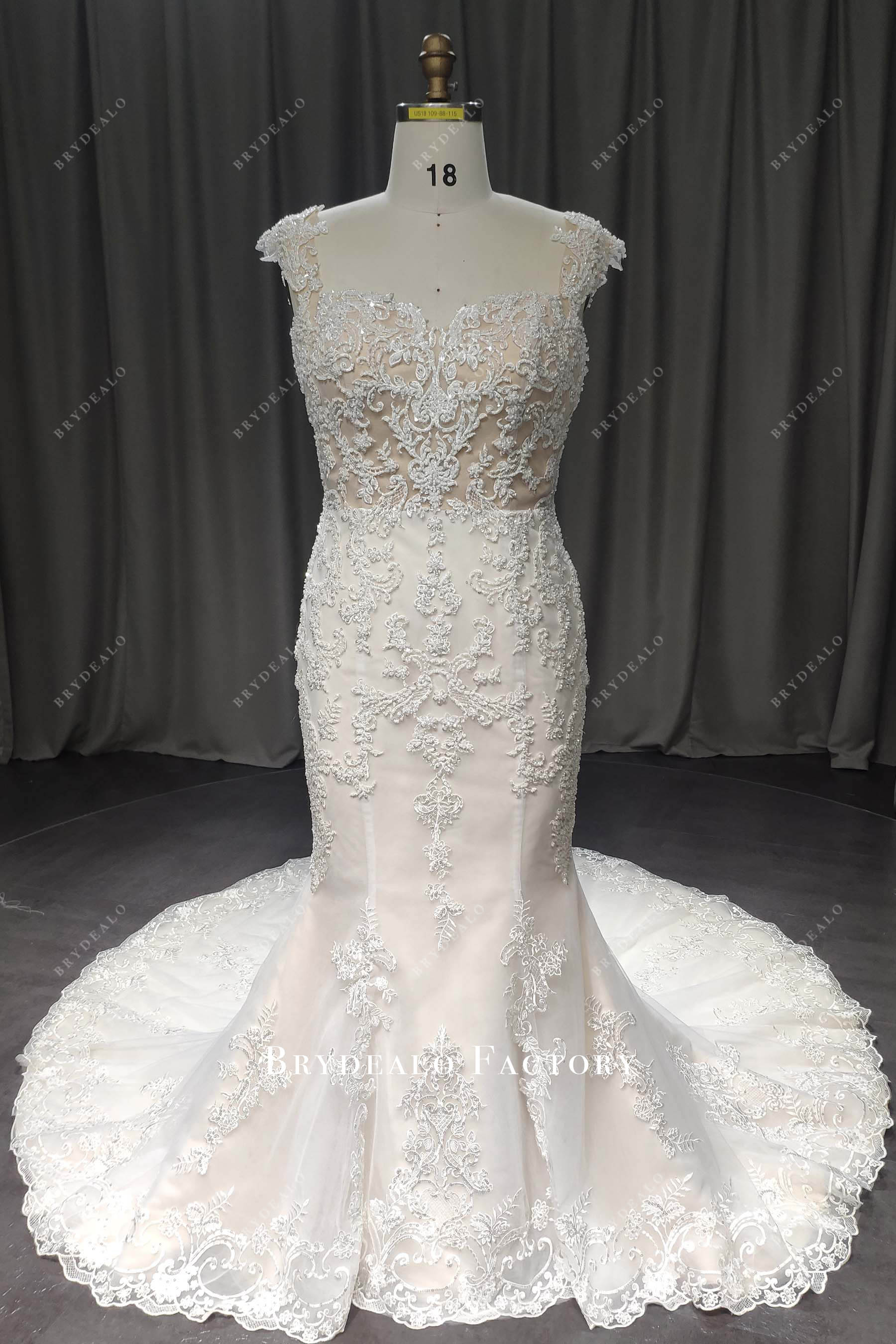 cap sleeve beaded lace mermaid bridal gown