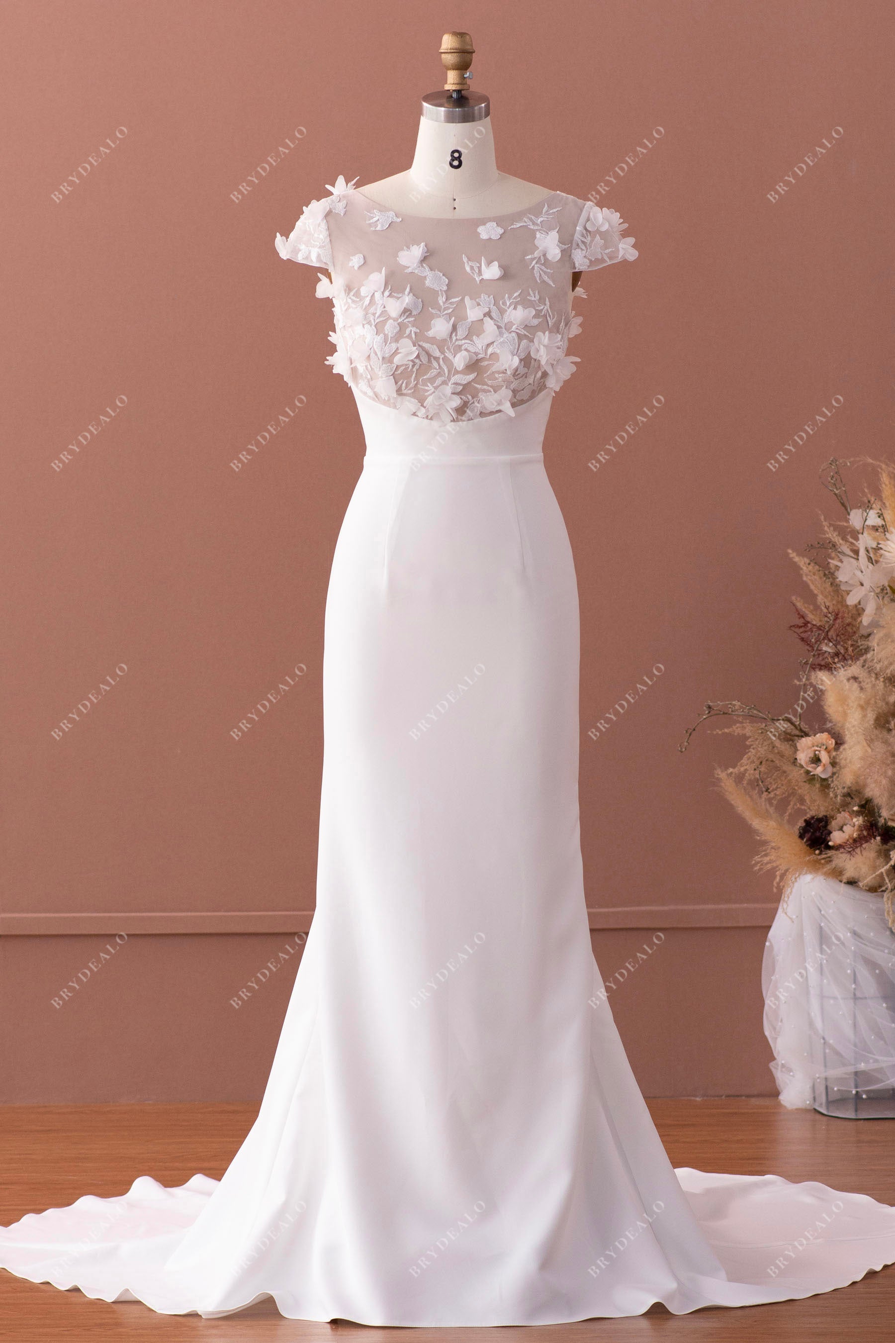 cap sleeve flower lace crepe wedding dress