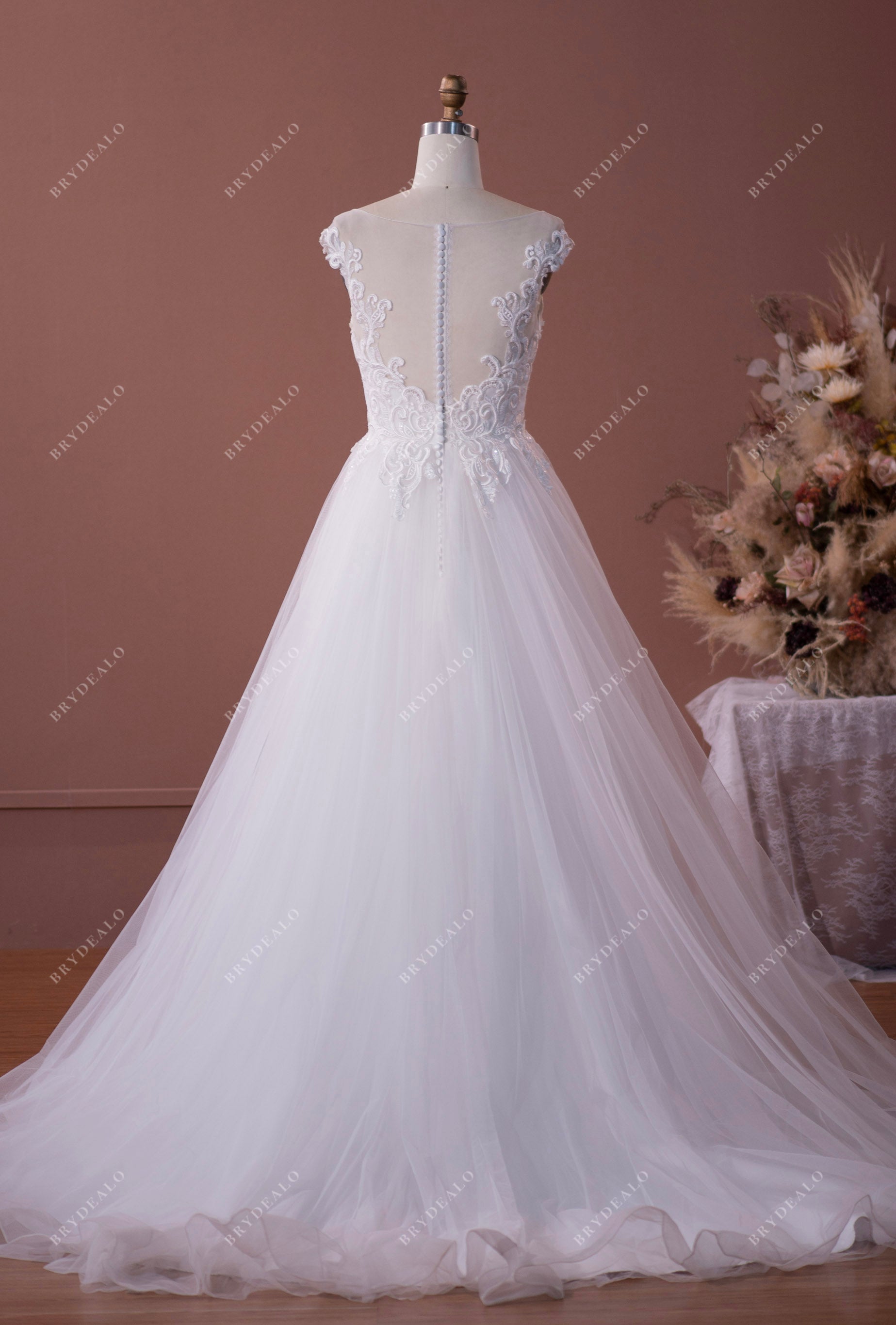 illusion back lace tulle wedding ball gown