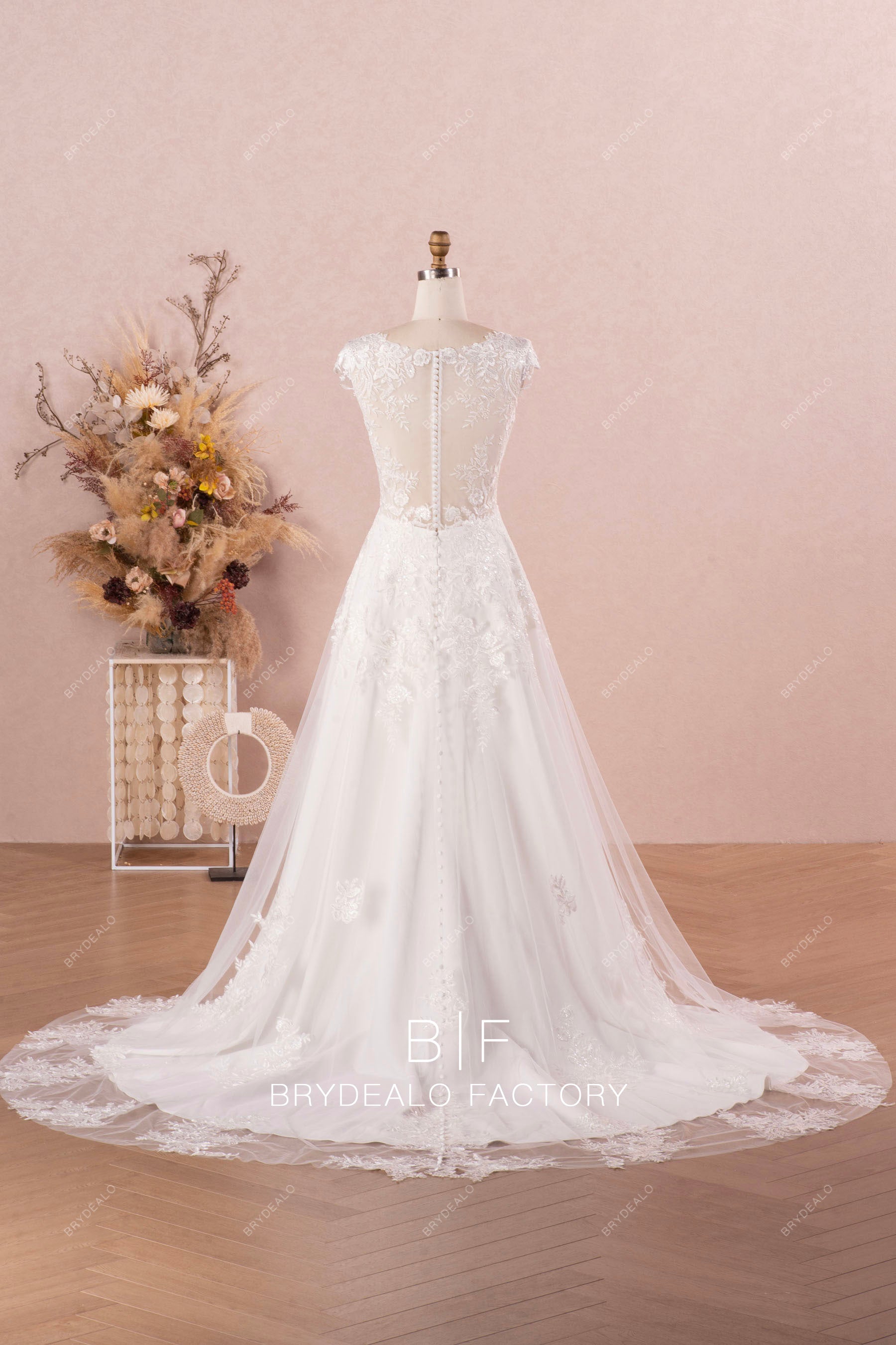cap sleeve illusion back lace overskirt wedding gown