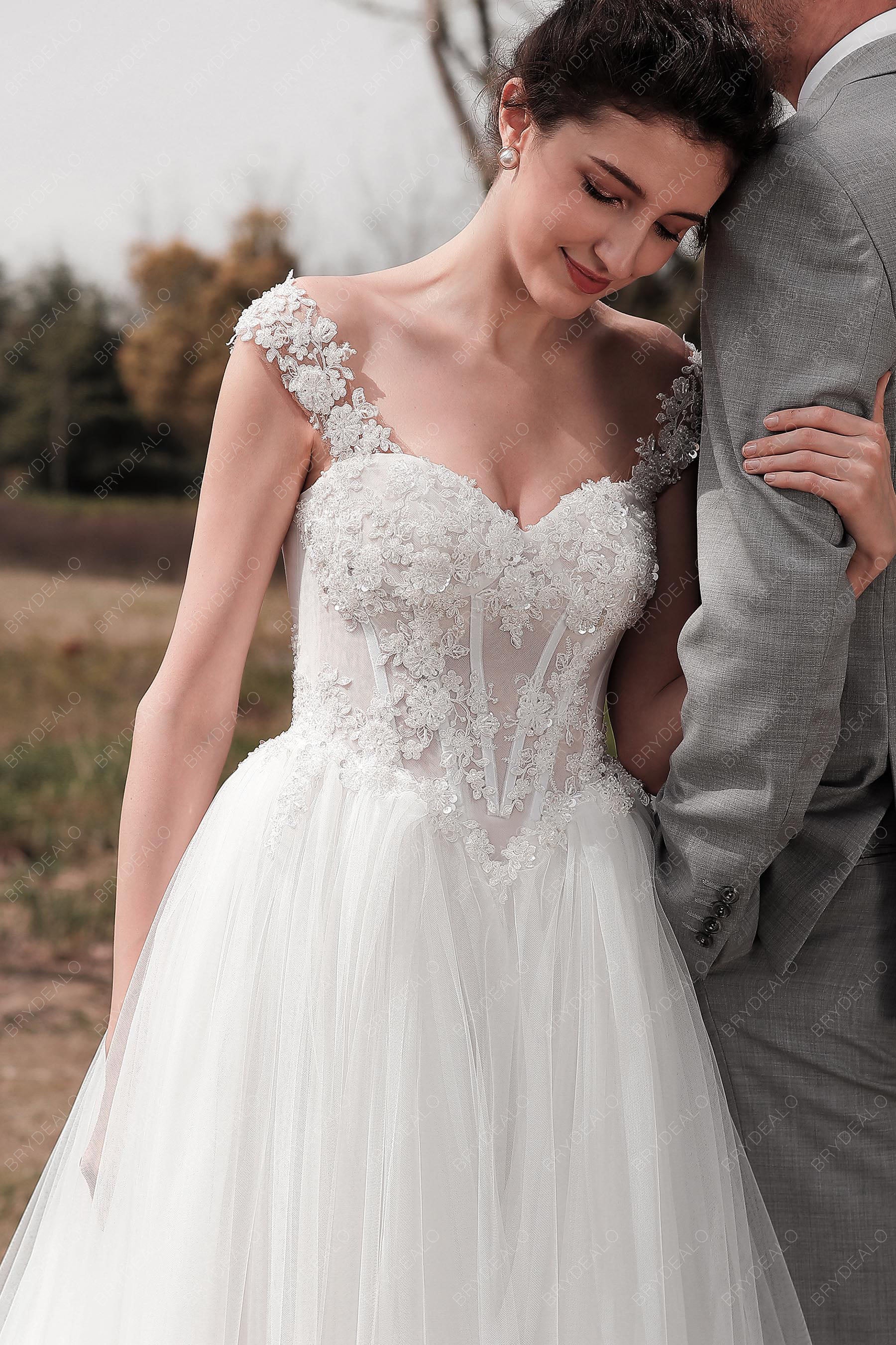 Best Cap Sleeve Beaded Lace Puffy A-line Wedding Dress