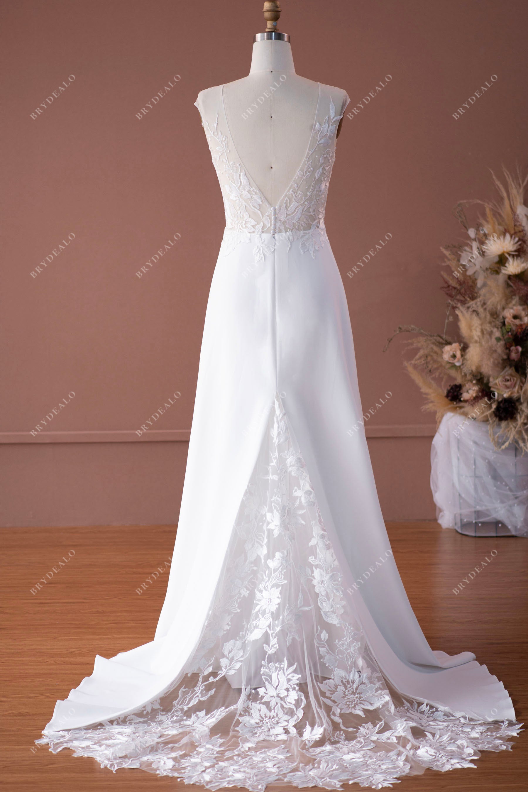 cap sleeve lace crepe bridal gown