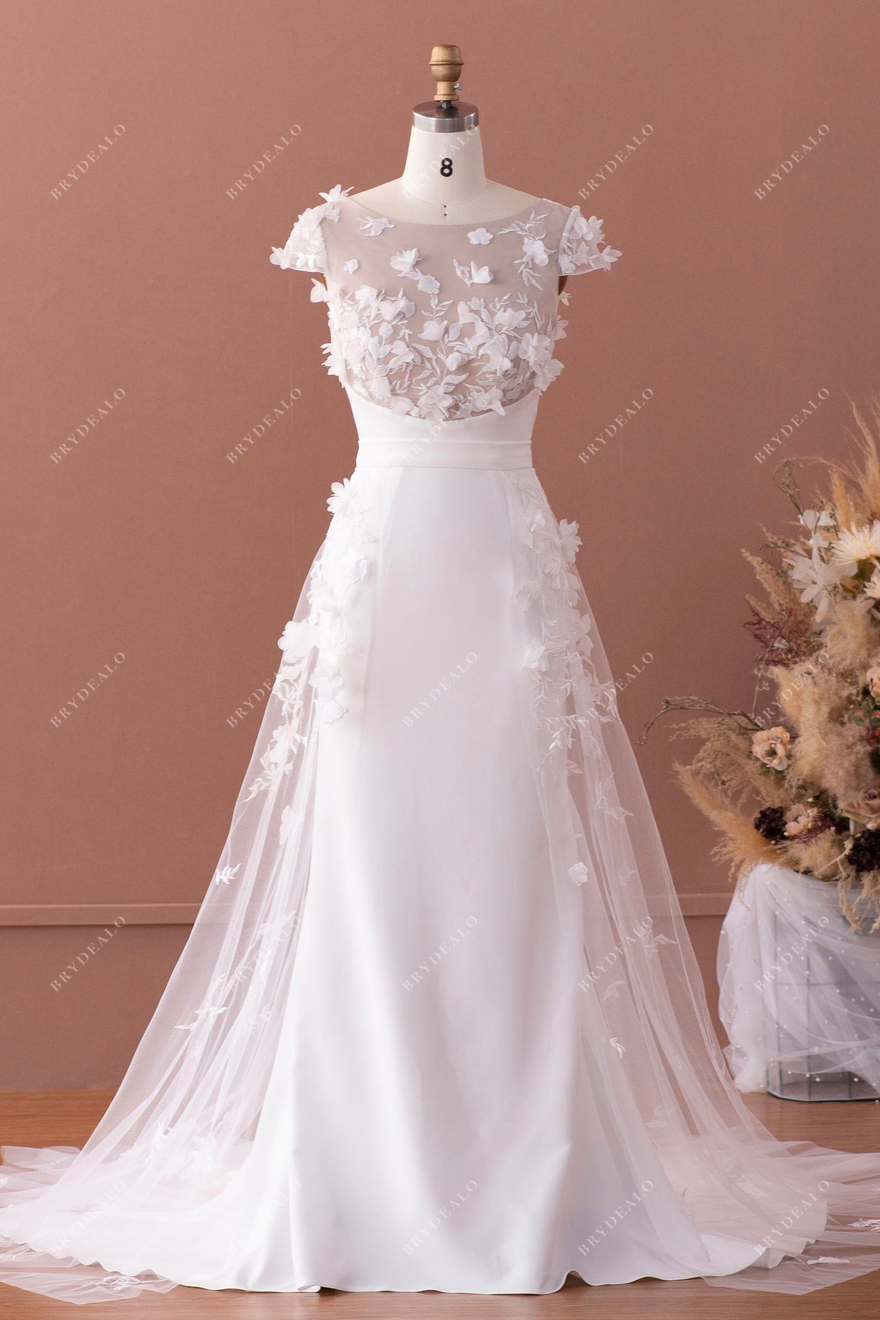 cap sleeve lace crepe wedding dress with overskirt