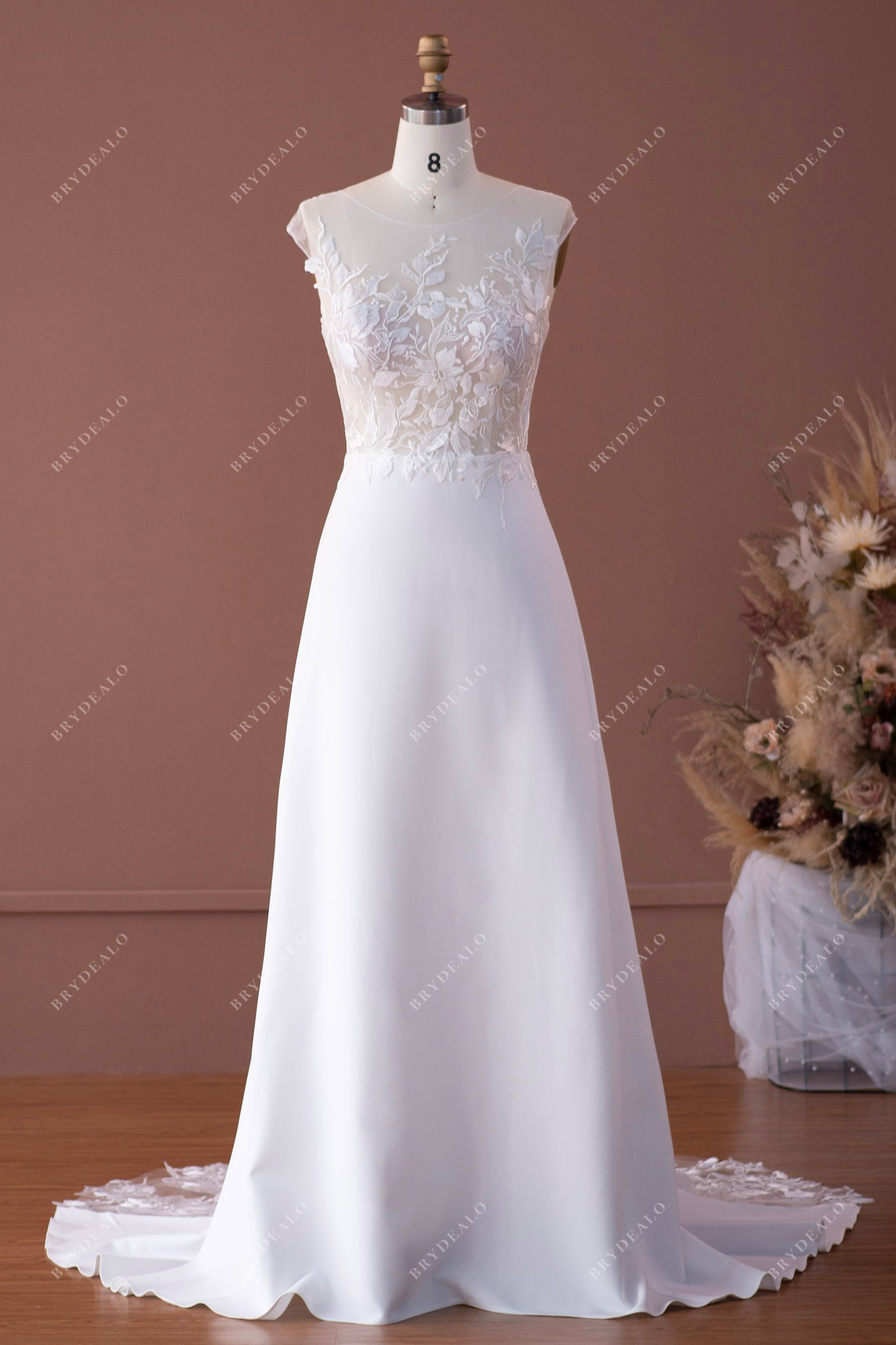 cap sleeve lace crepe wedding dress sample