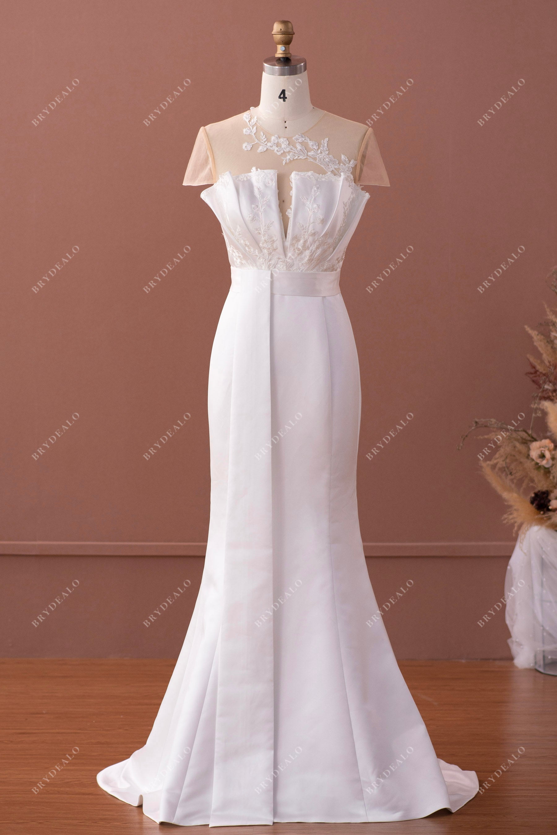 cap sleeve lace satin mermaid wedding dress