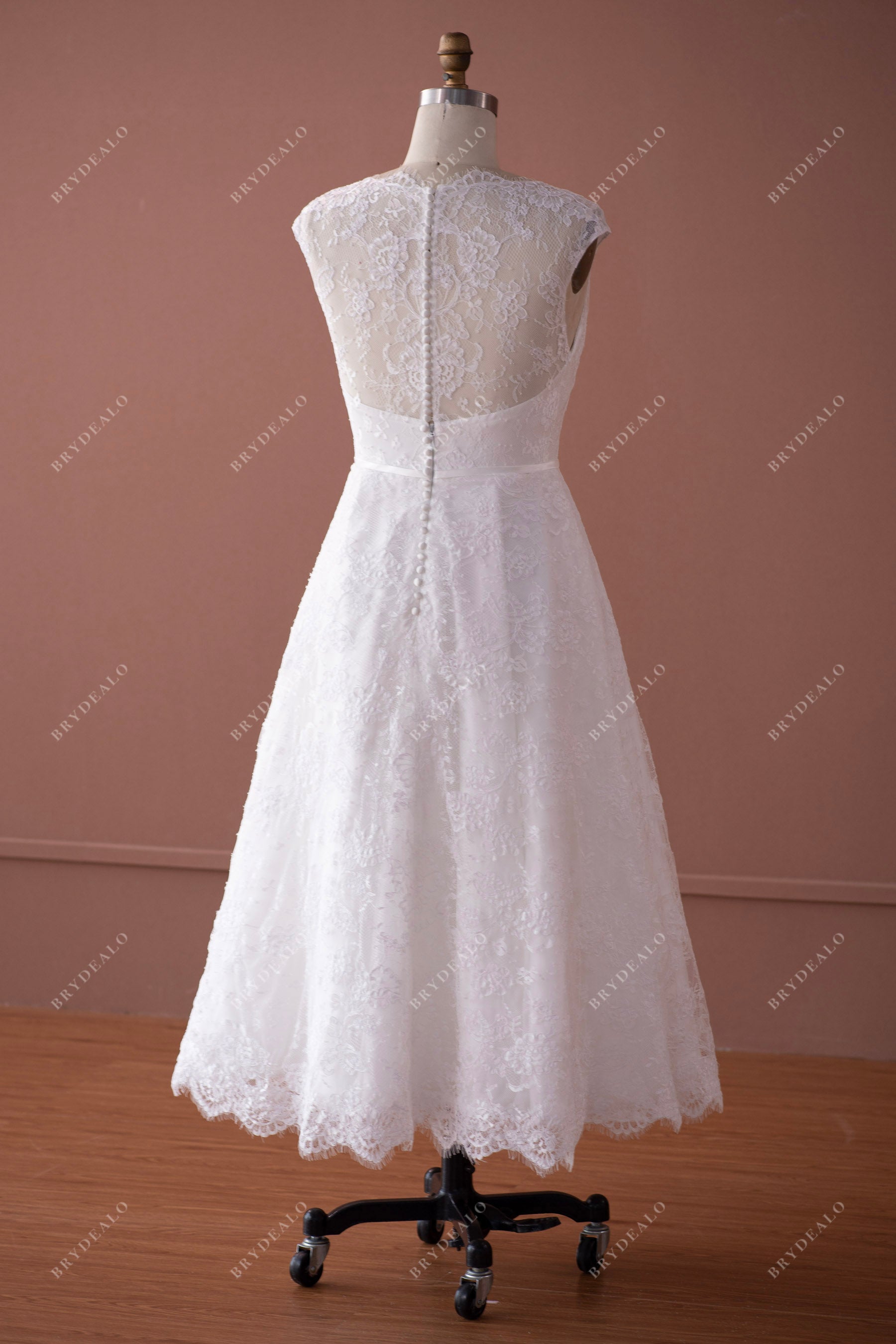 Scallop Neck Lace Tea Length Wedding Dress