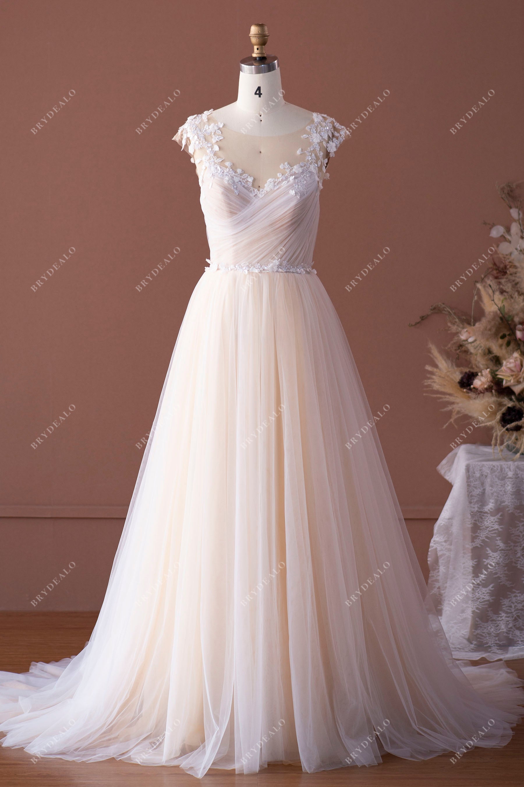 cap sleeves lace tulle illusion A-line bridal dress