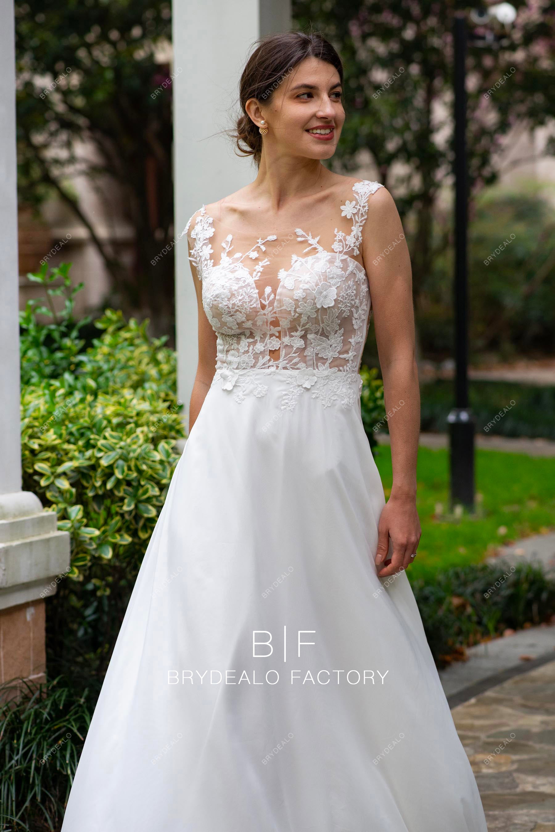 cap sleeve sheer neck lace wedding dress
