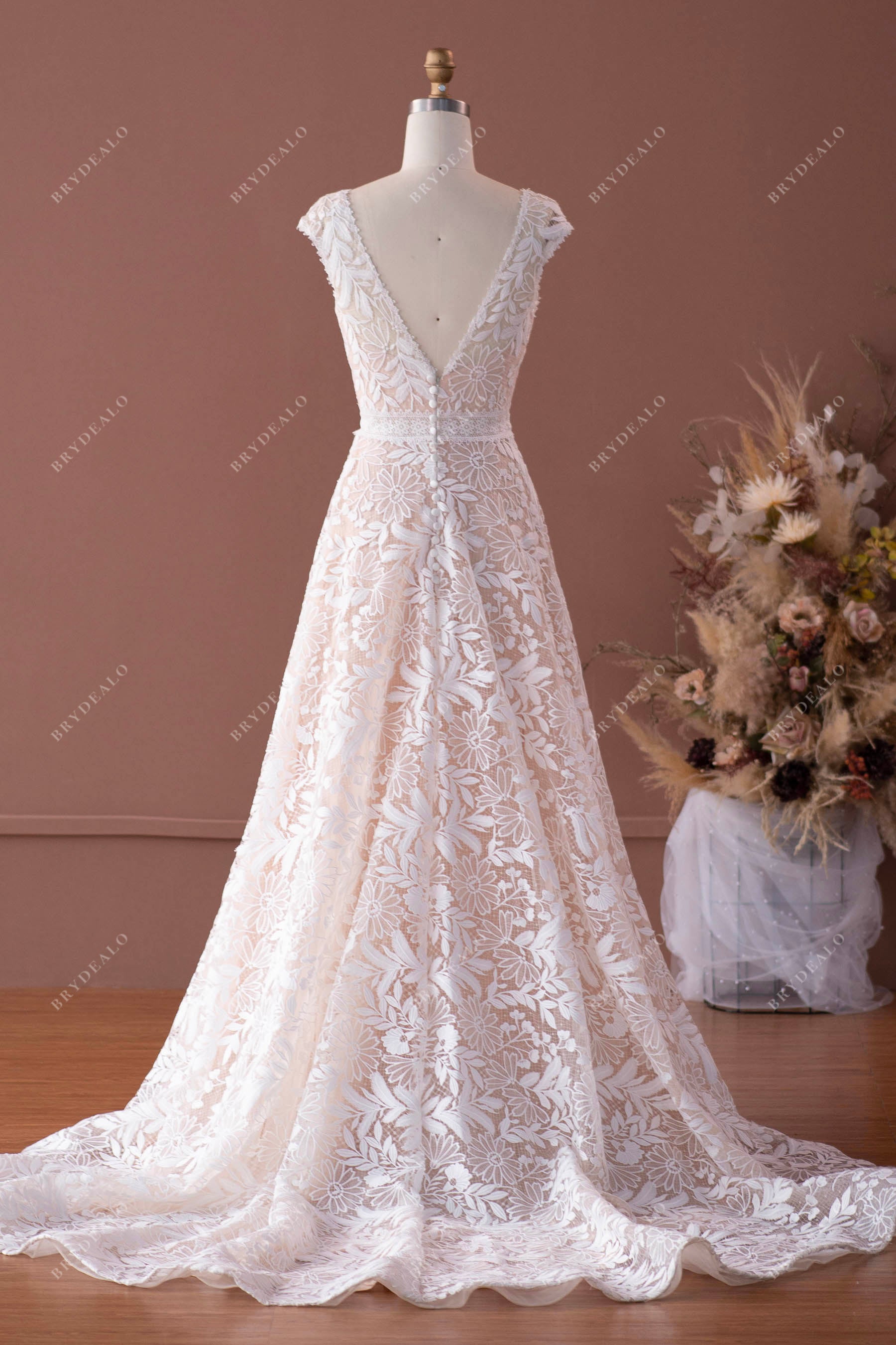 cap sleeve v-neck lace a-line ruffled train wedding dress