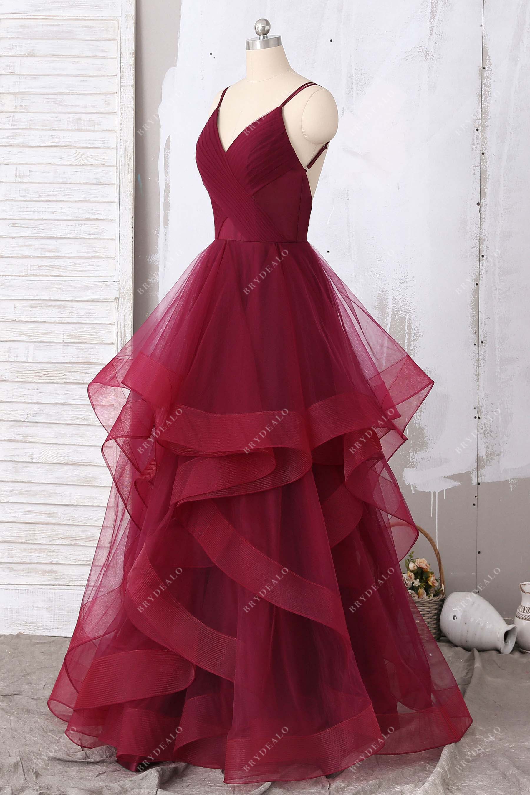 cascading ruffled A-line tulle prom gown