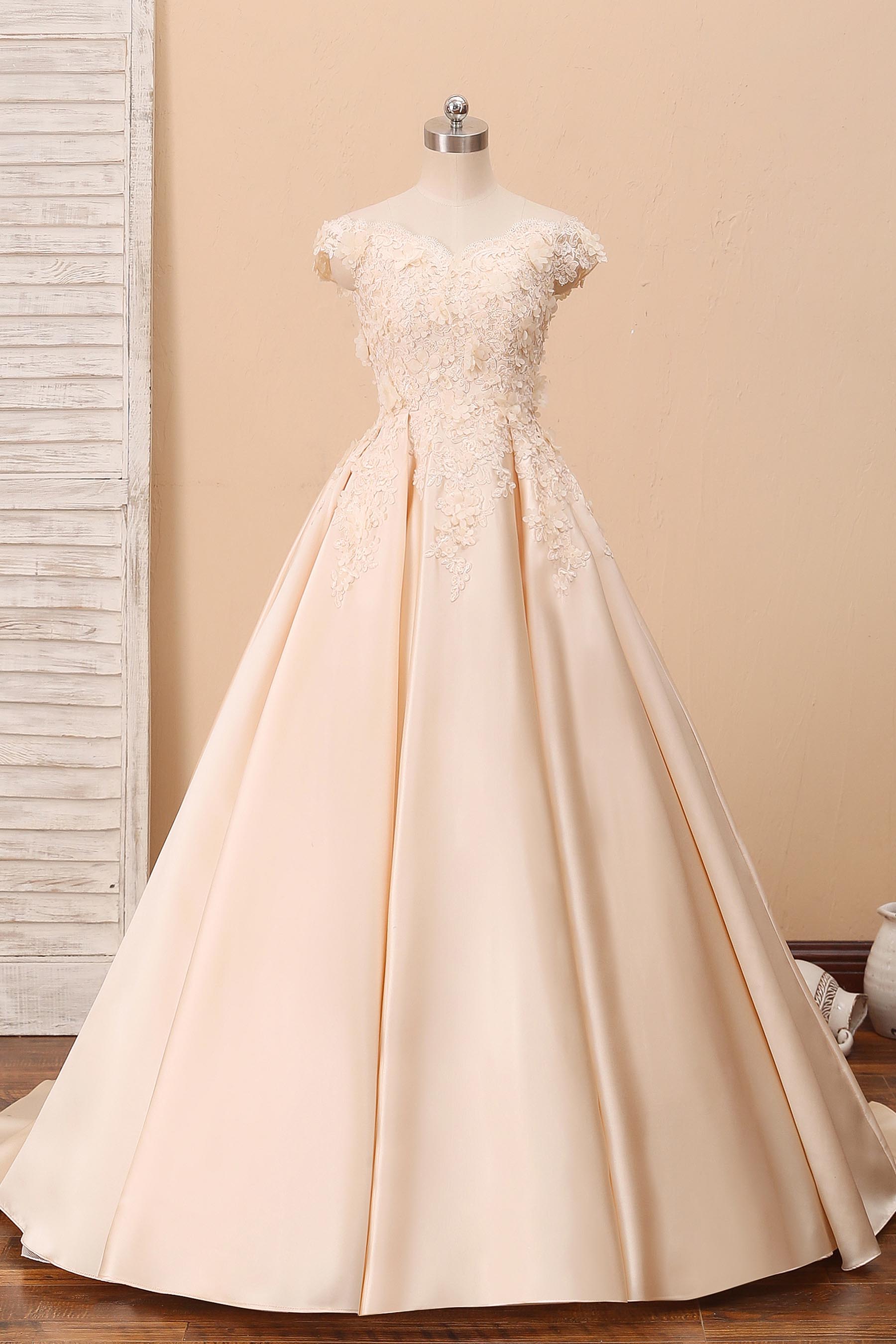 champagne ball gown 3D lace off-shoulder wedding gown