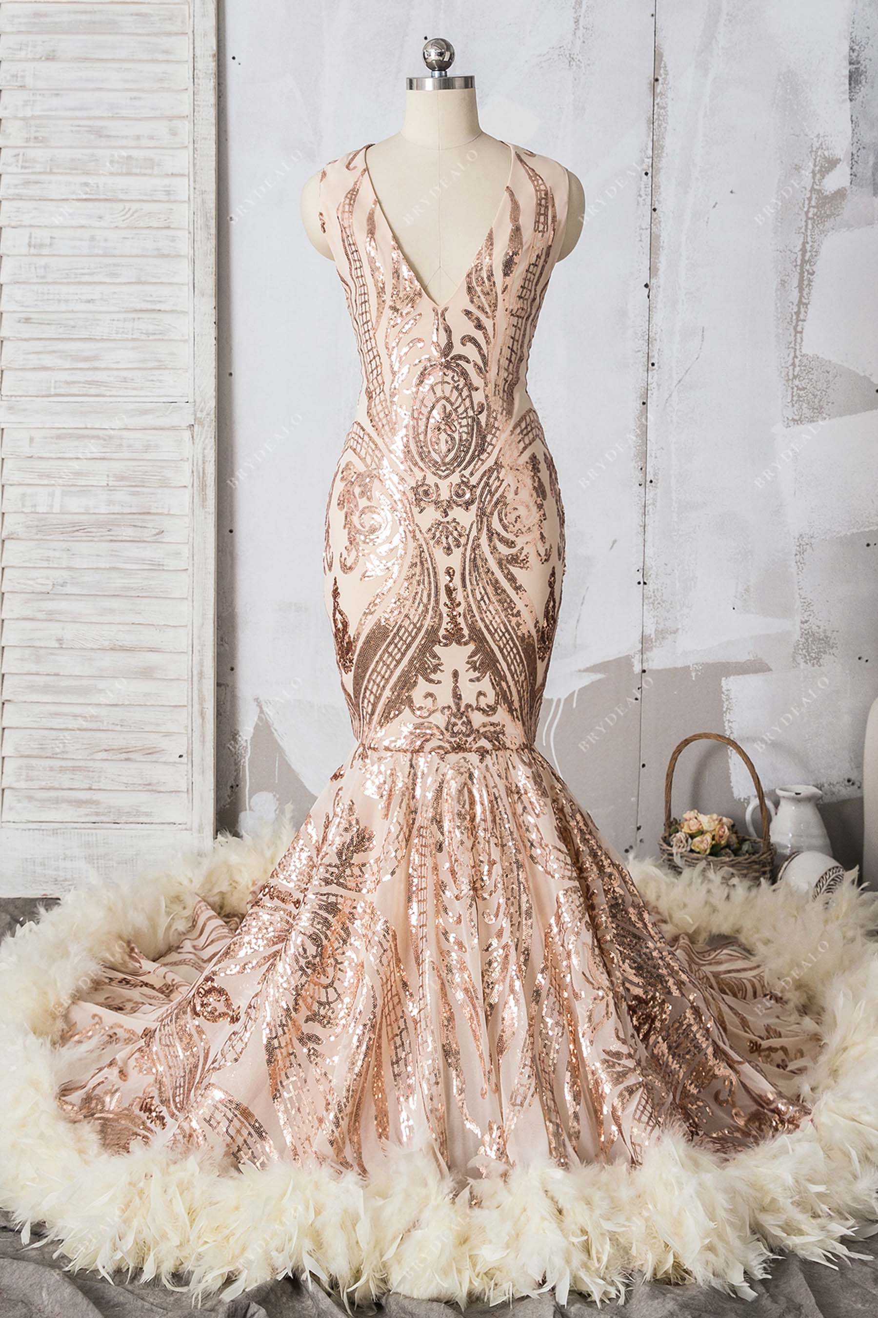 champagne feathers gold sequin mermaid prom dress