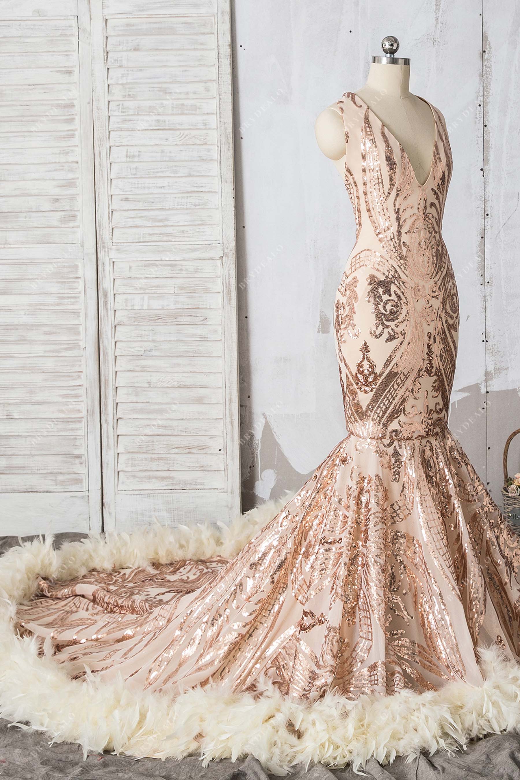 champagne feathers mermaid unique sequin prom gown
