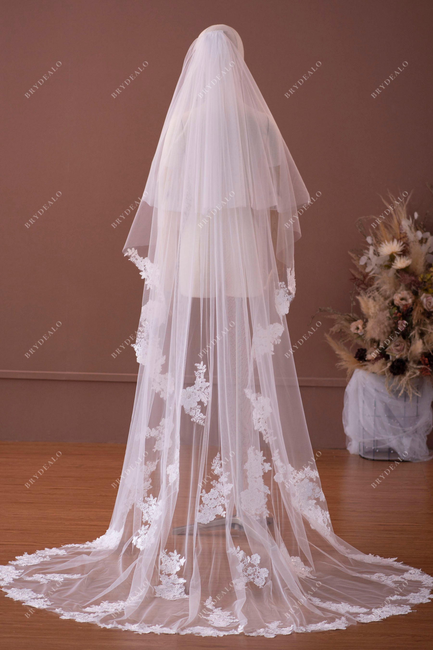 Two-Tier Chapel Length Shimmery Flower Lace Bridal Veil
