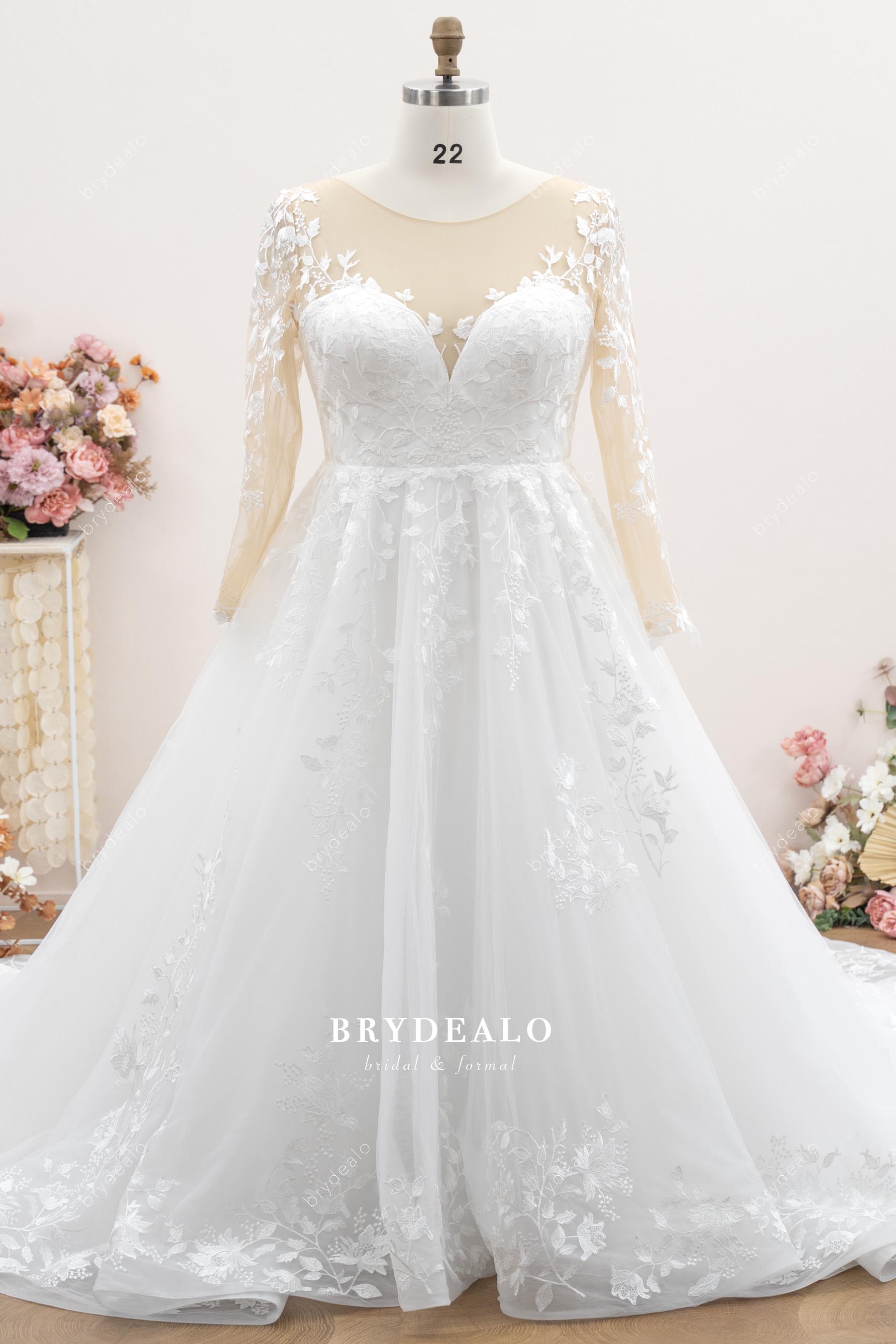 Plus Size Illusion Neck Lace Tulle Wholesale Wedding Ball Gown by Brydealo