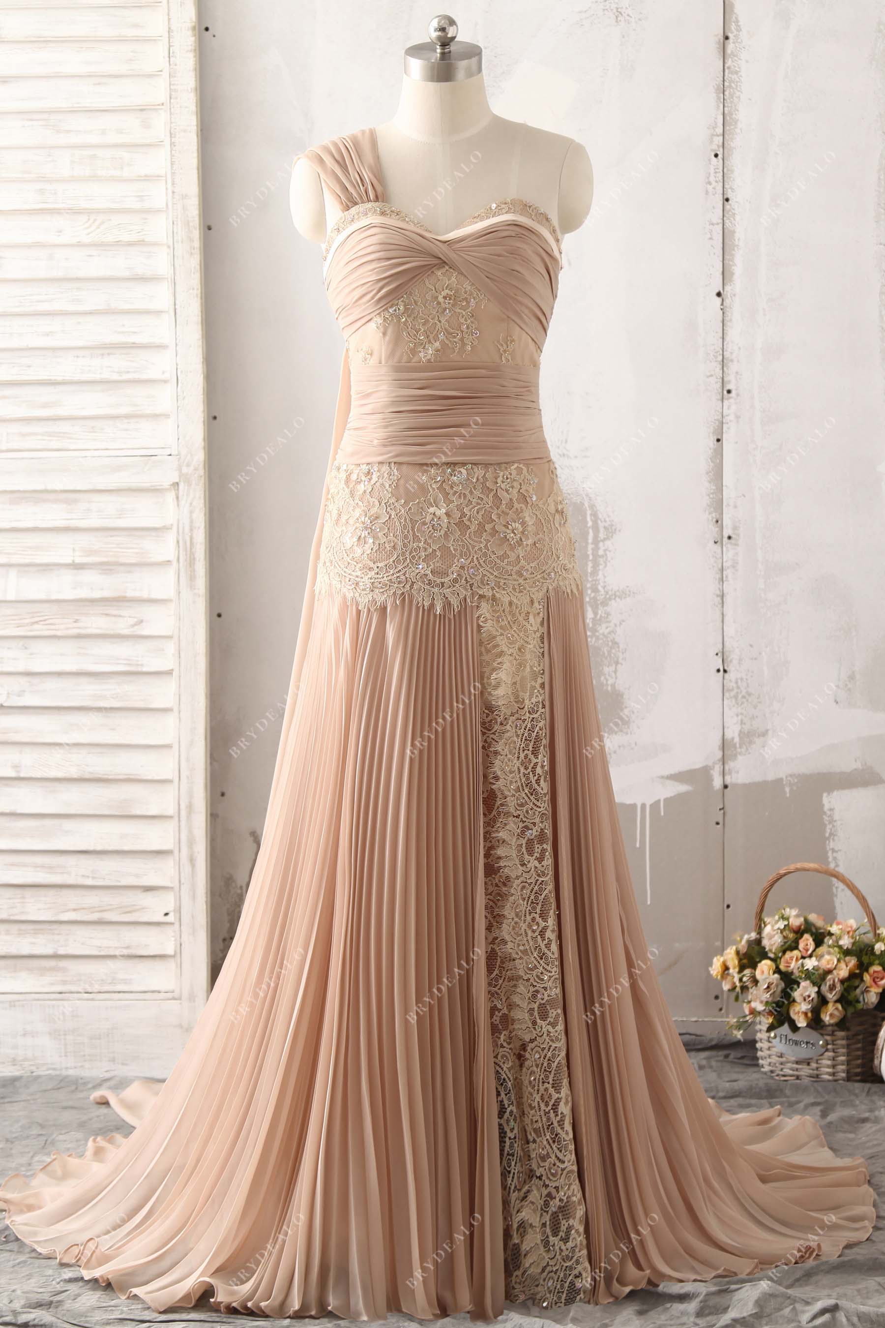 chic apricot chiffon streamer lace prom gown