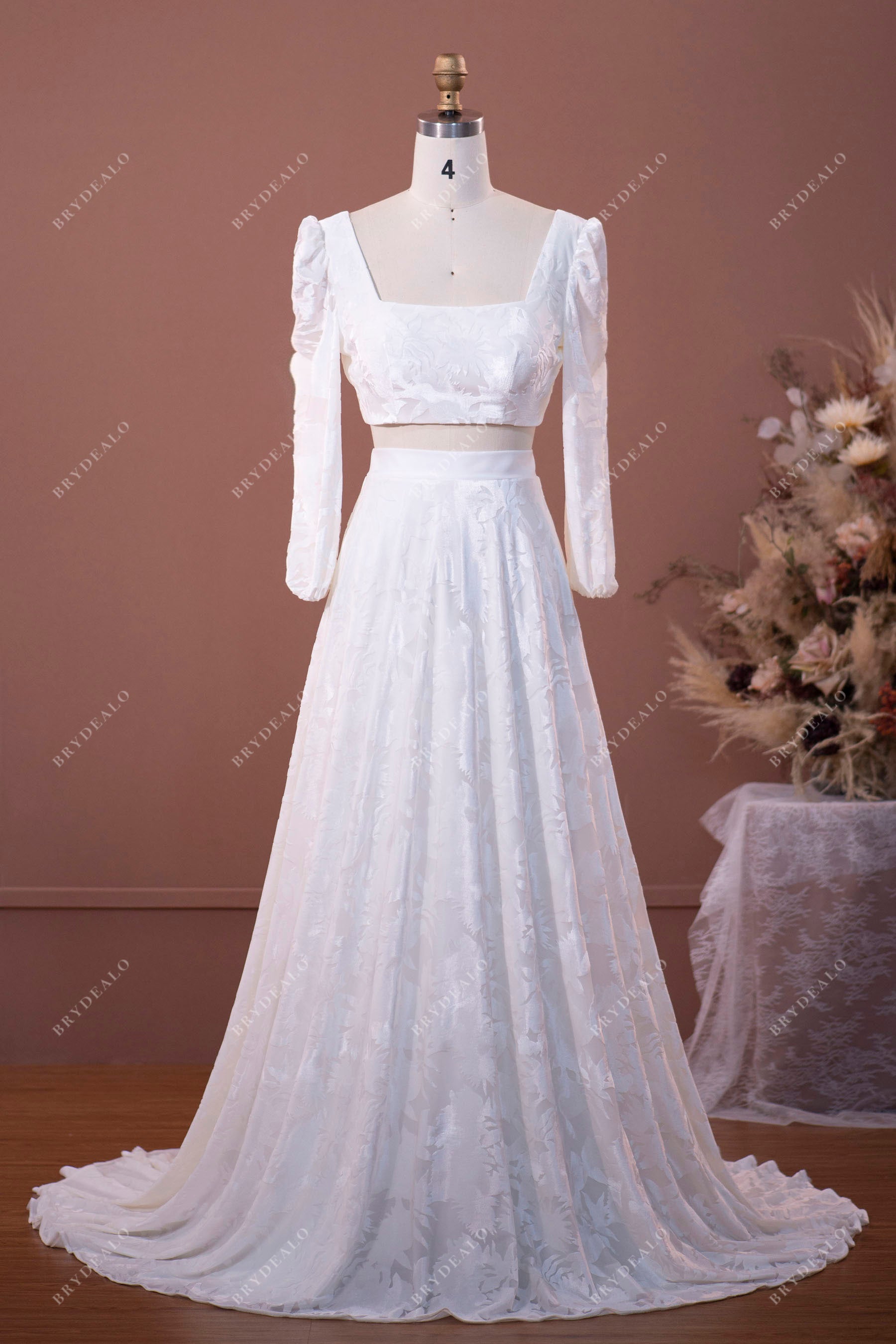 chic velvet long sleeve two-piece wedding dress