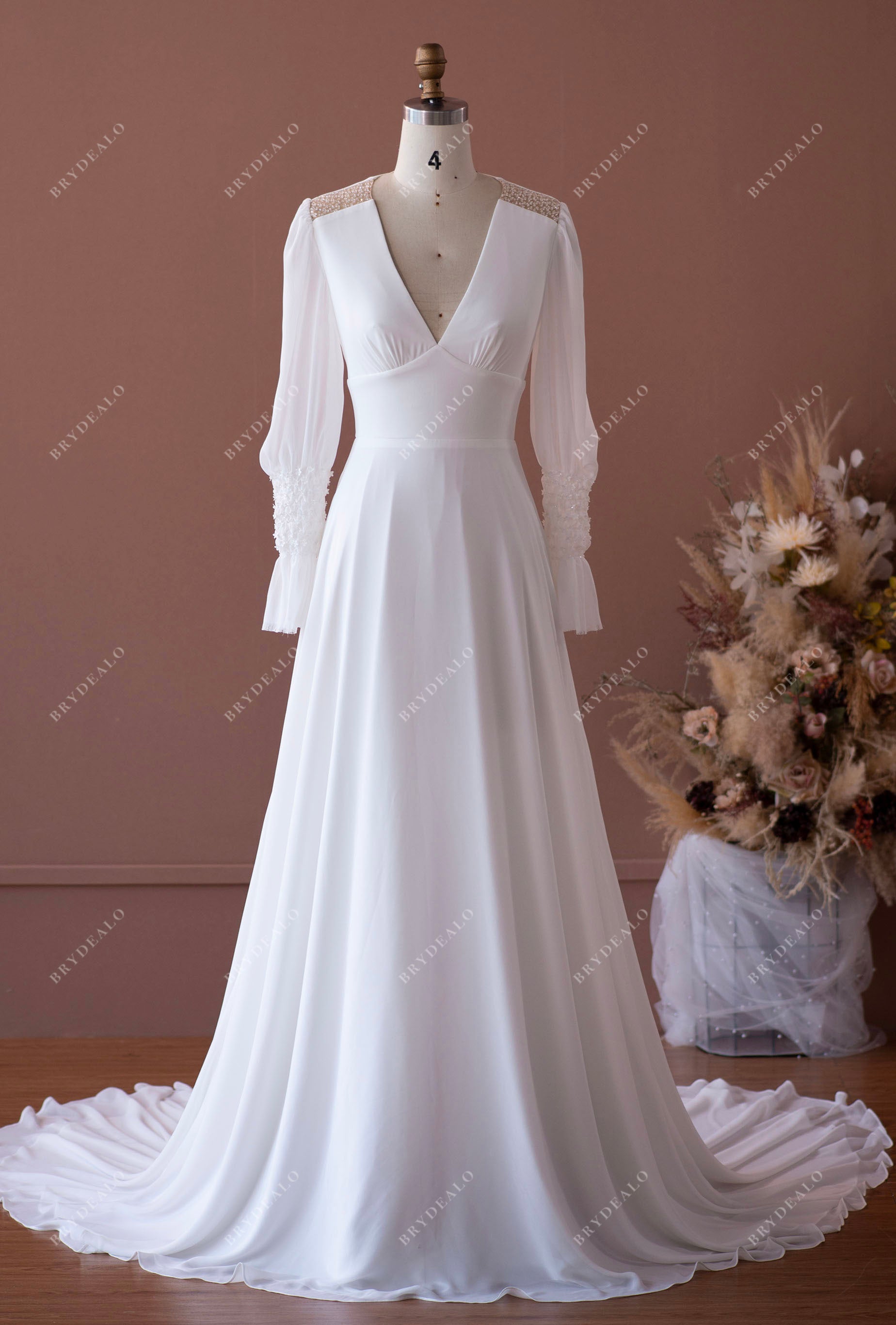 chiffon bubble sleeve V-neck chiffon wedding dress