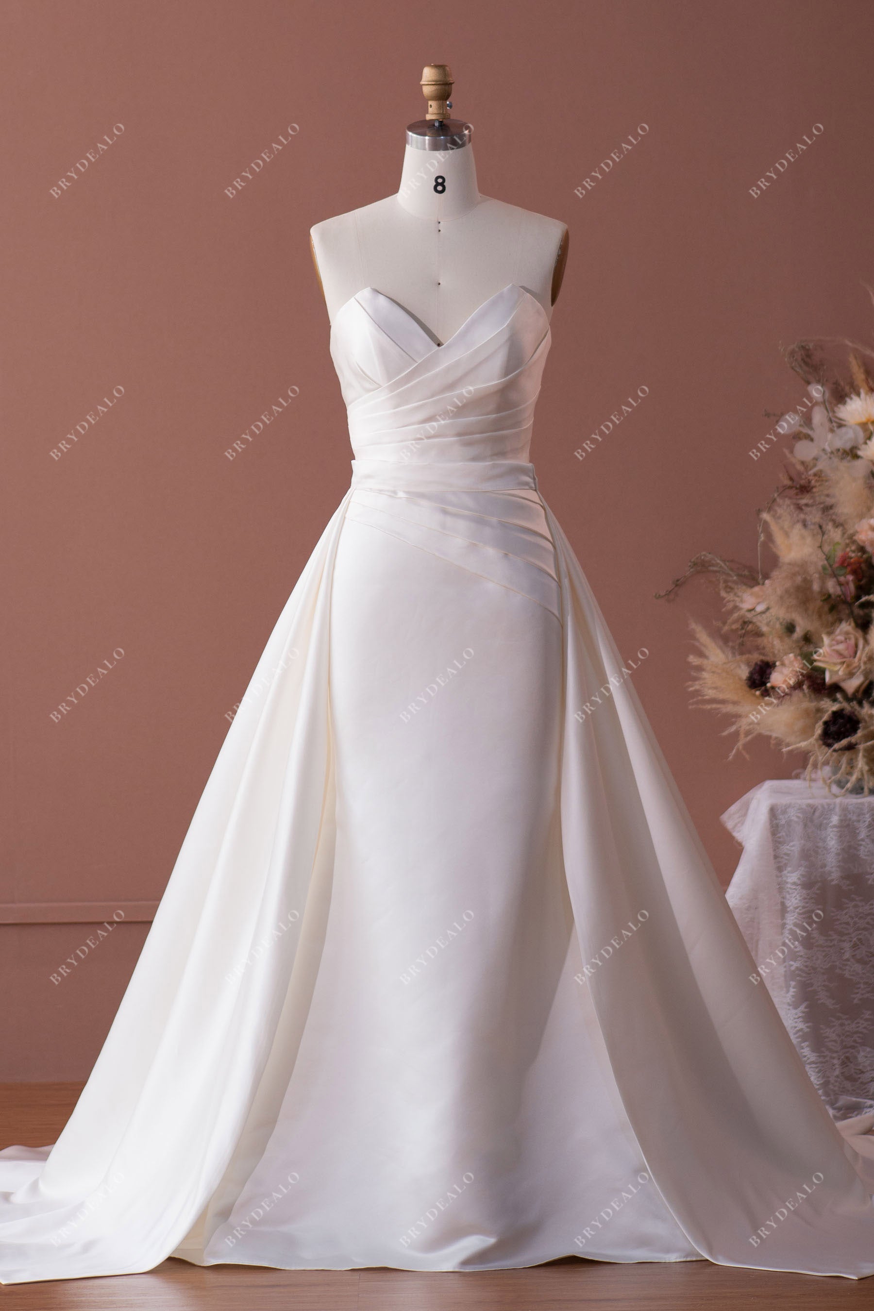 Classic V-cut Neck Satin Wedding Dress with Detachable Overskirt