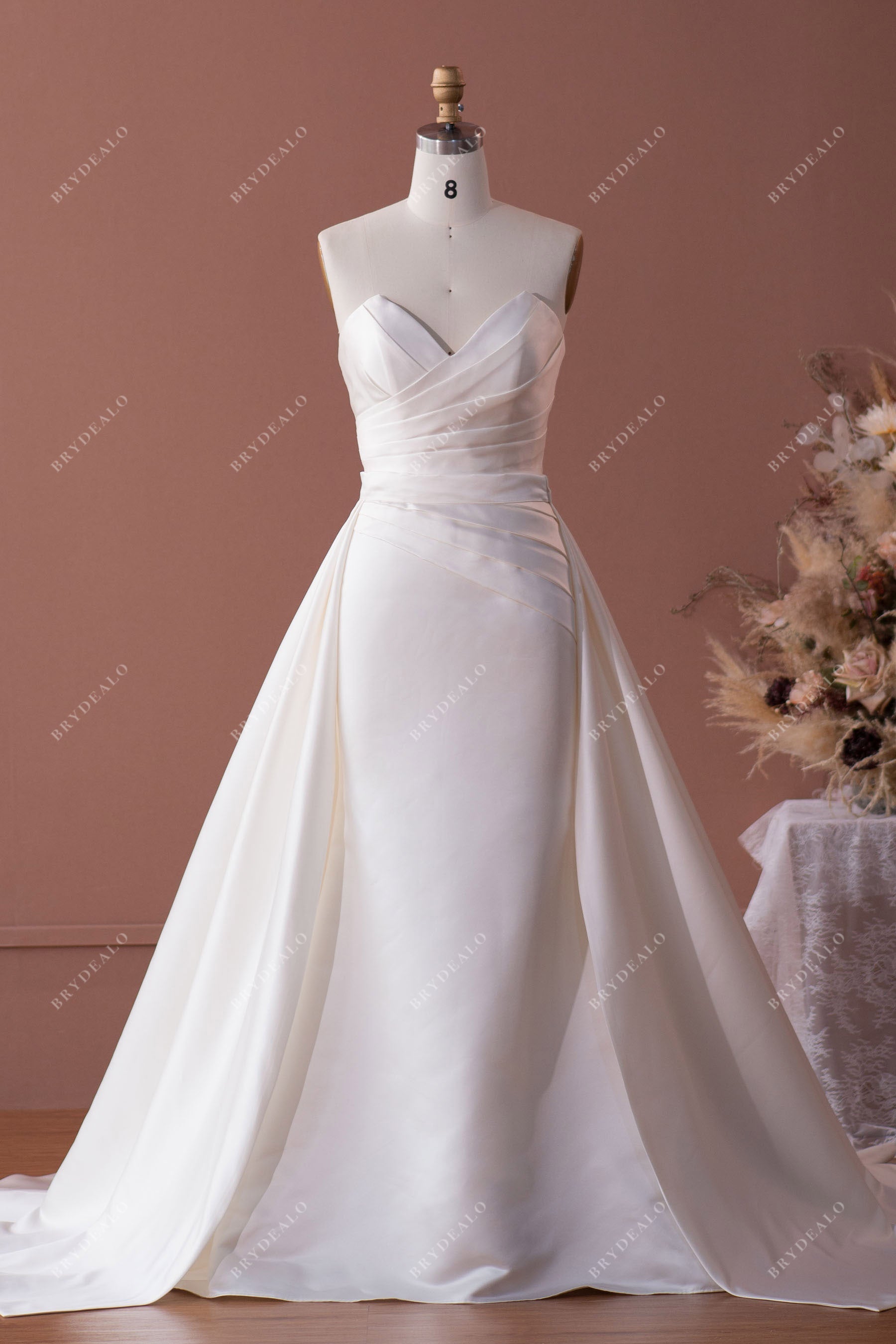 Test Buy | V-cut Neck Satin Wedding Dress with Detachable Overskirt