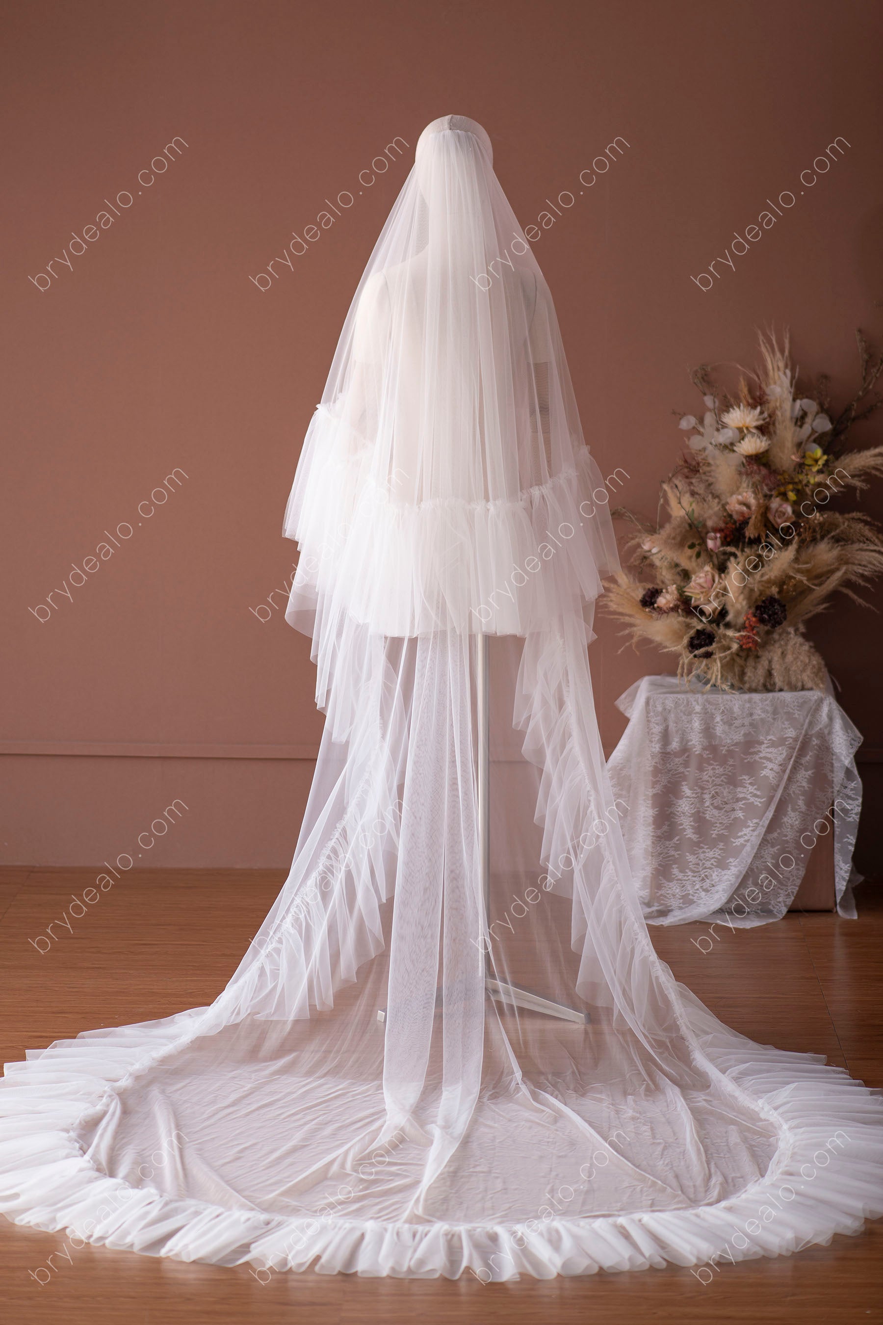 two-tier ruffled tulle long bridal veil