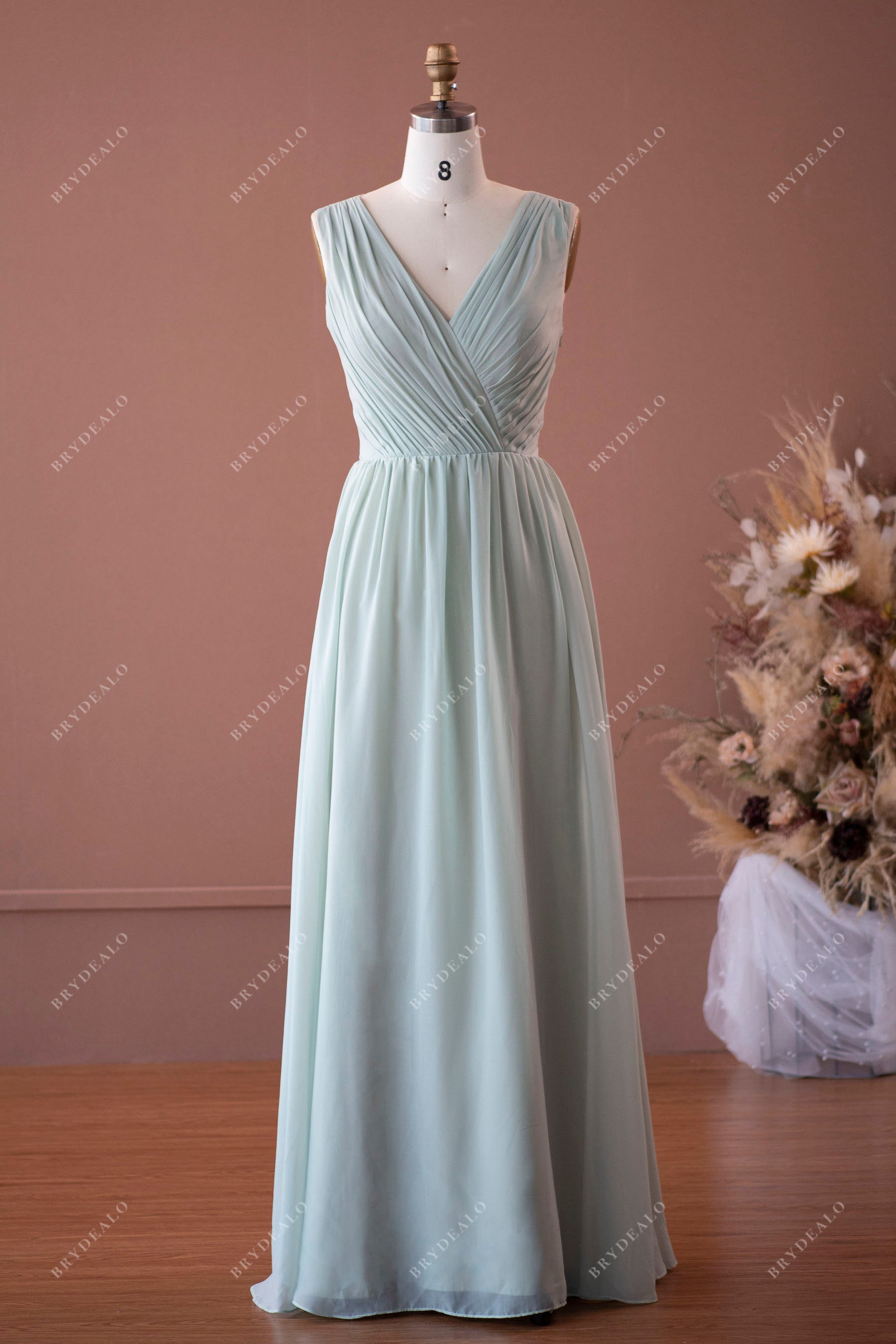 mint green ruched V-neck chiffon A-line bridesmaid dress sample sale