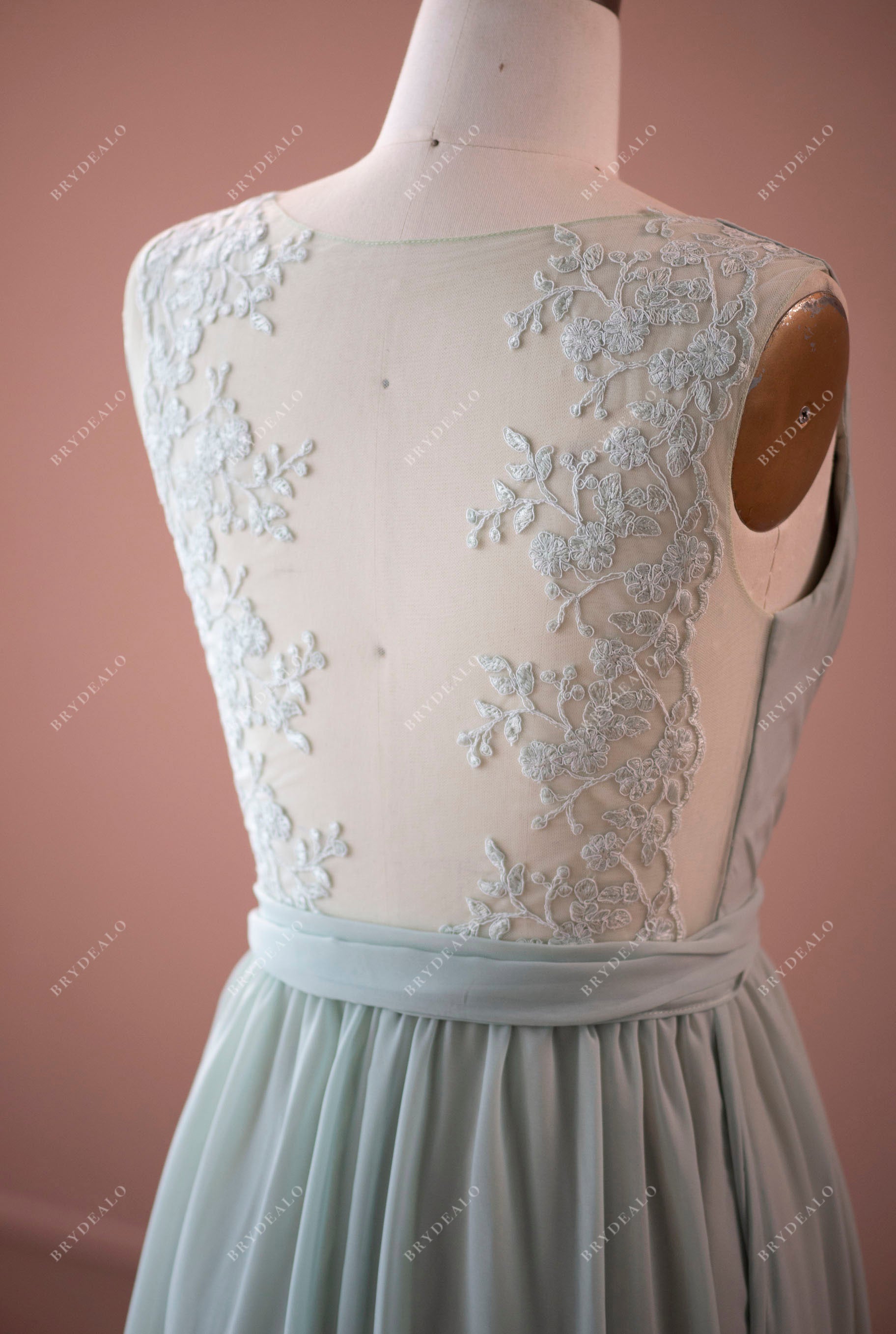 Sage Lace Chiffon Illusion Back Bridesmaid Dress