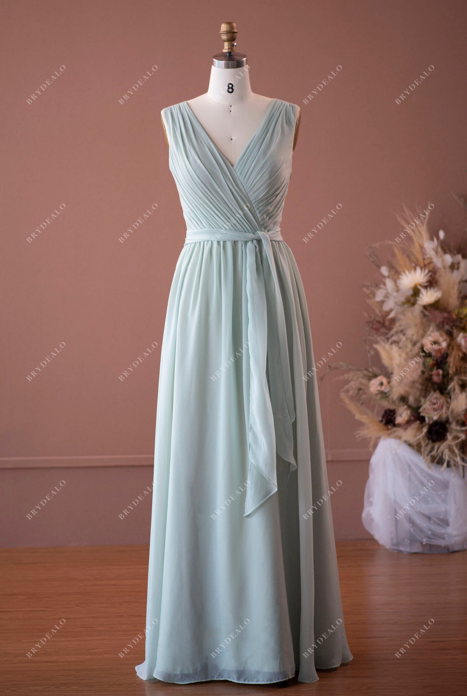 Sage Lace Chiffon Illusion Back Ruched Bridesmaid Dress with Sash