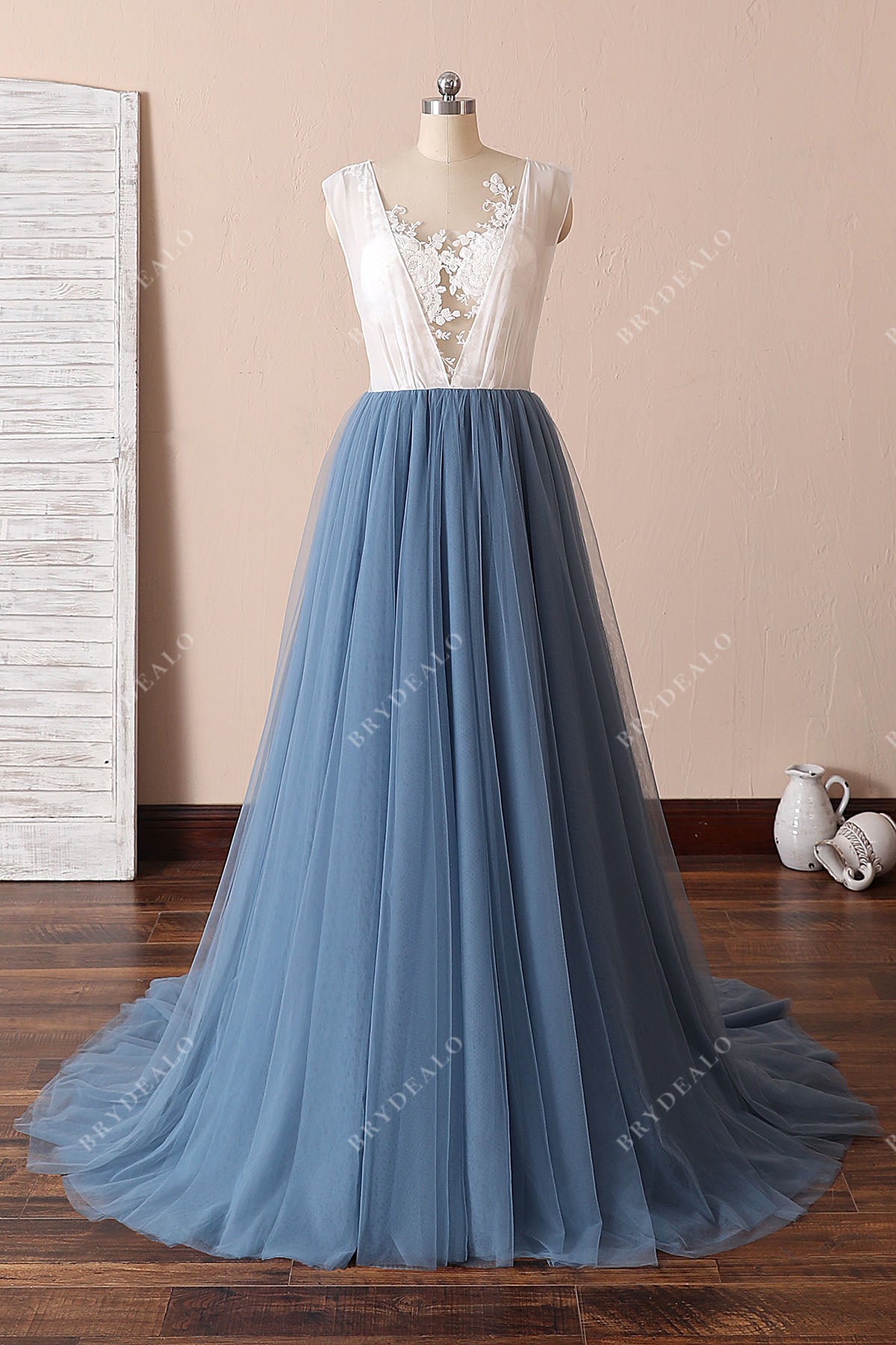 classy two-tone illusion ivory lace dusty blue tulle wedding dress