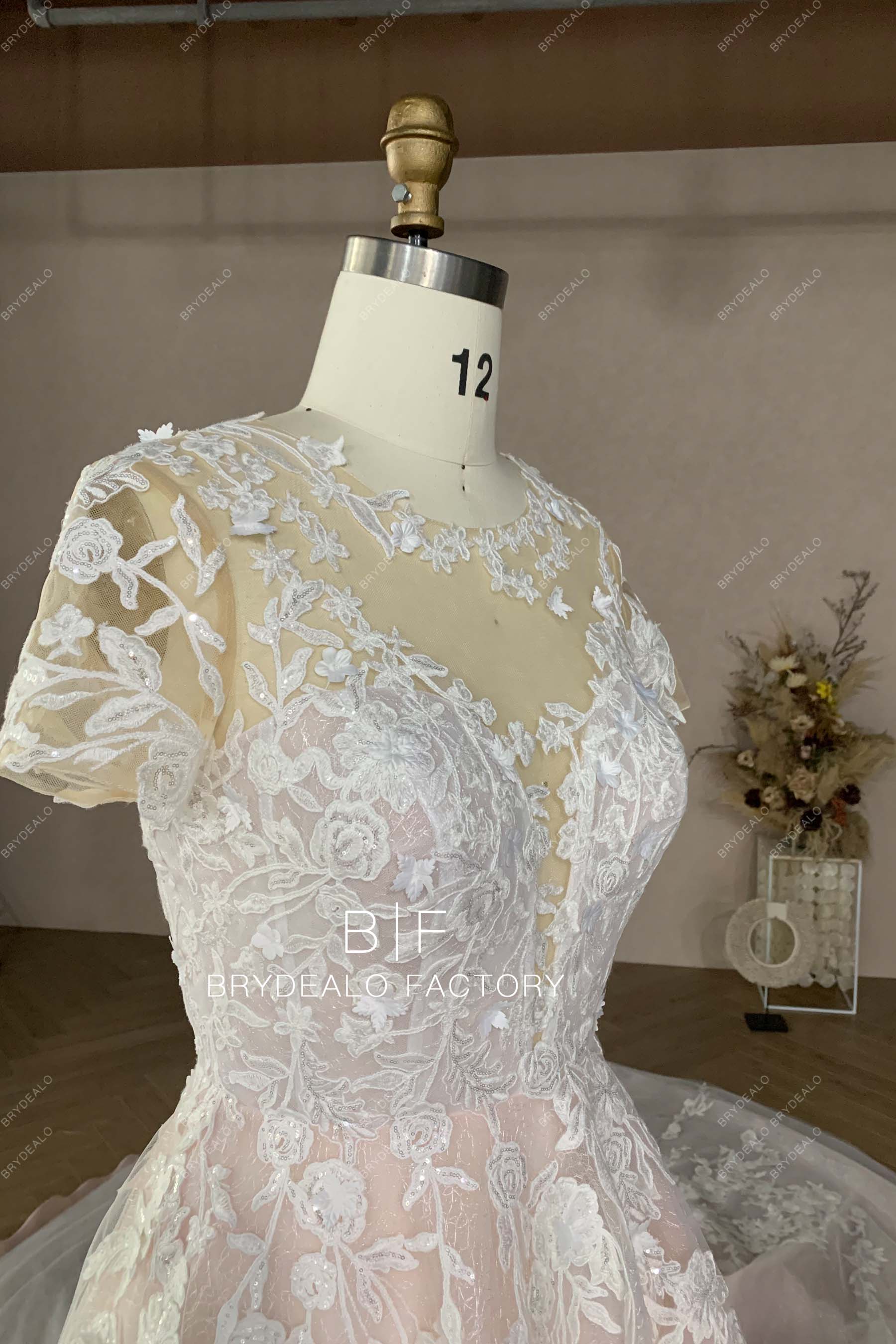 clear sequin flower lace short sleeves wedding dress