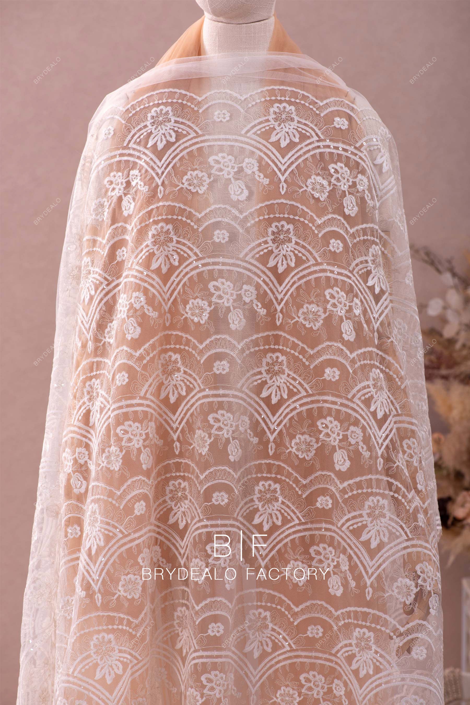 clear sequin scalloped lace fabric