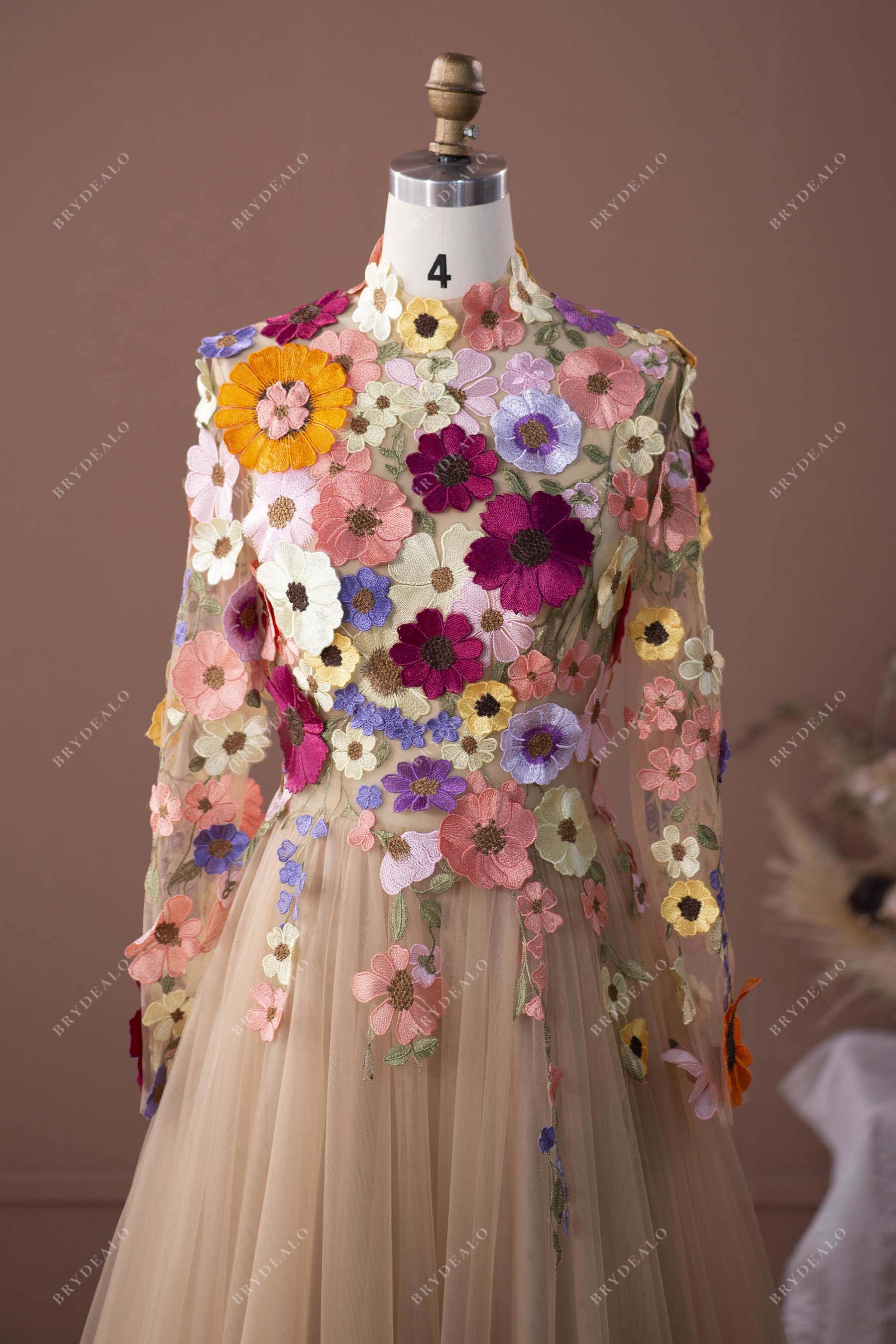 colorful flowers lace long sleeves wedding gown