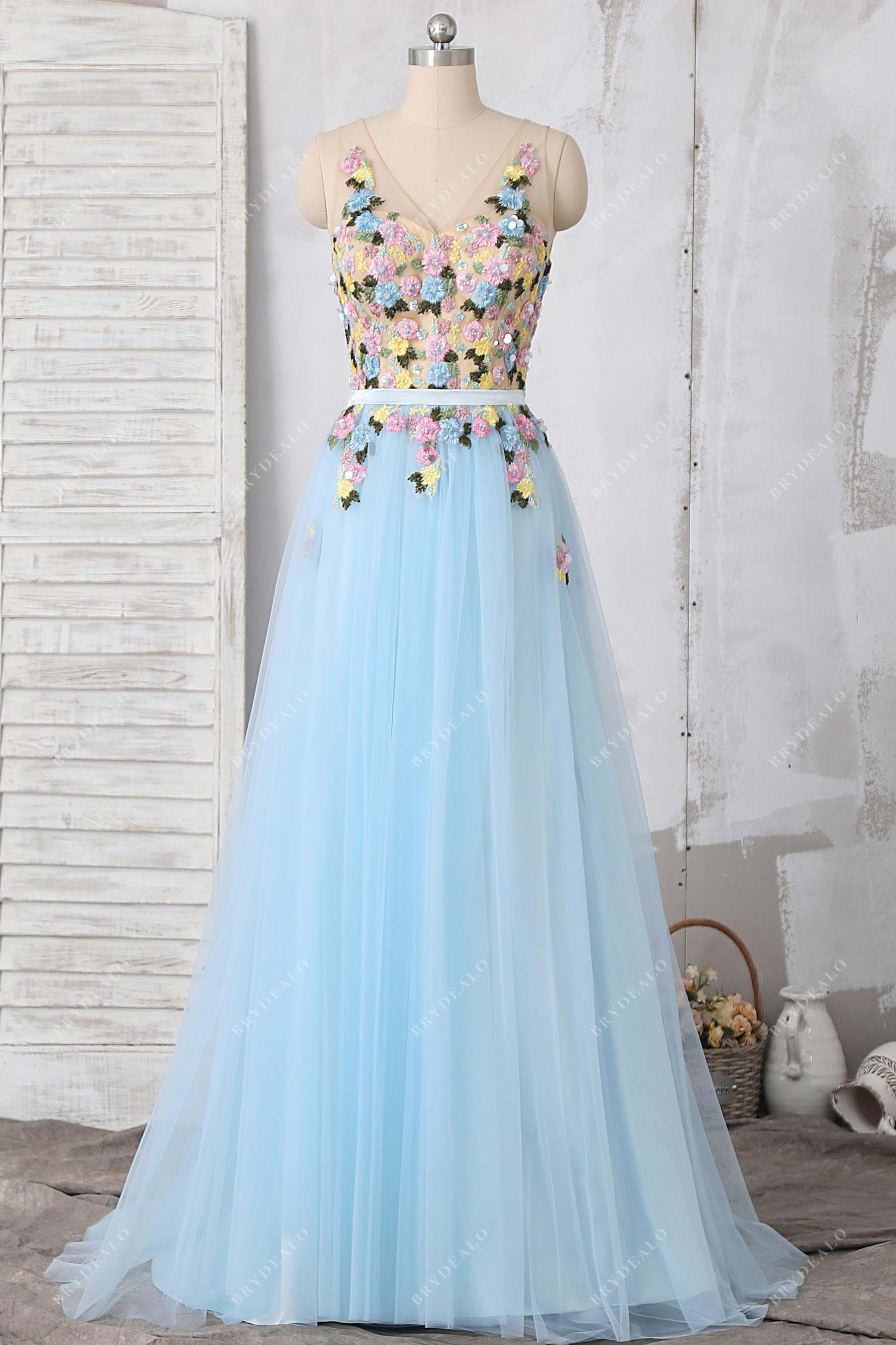colorful flowers sky blue tulle prom dress