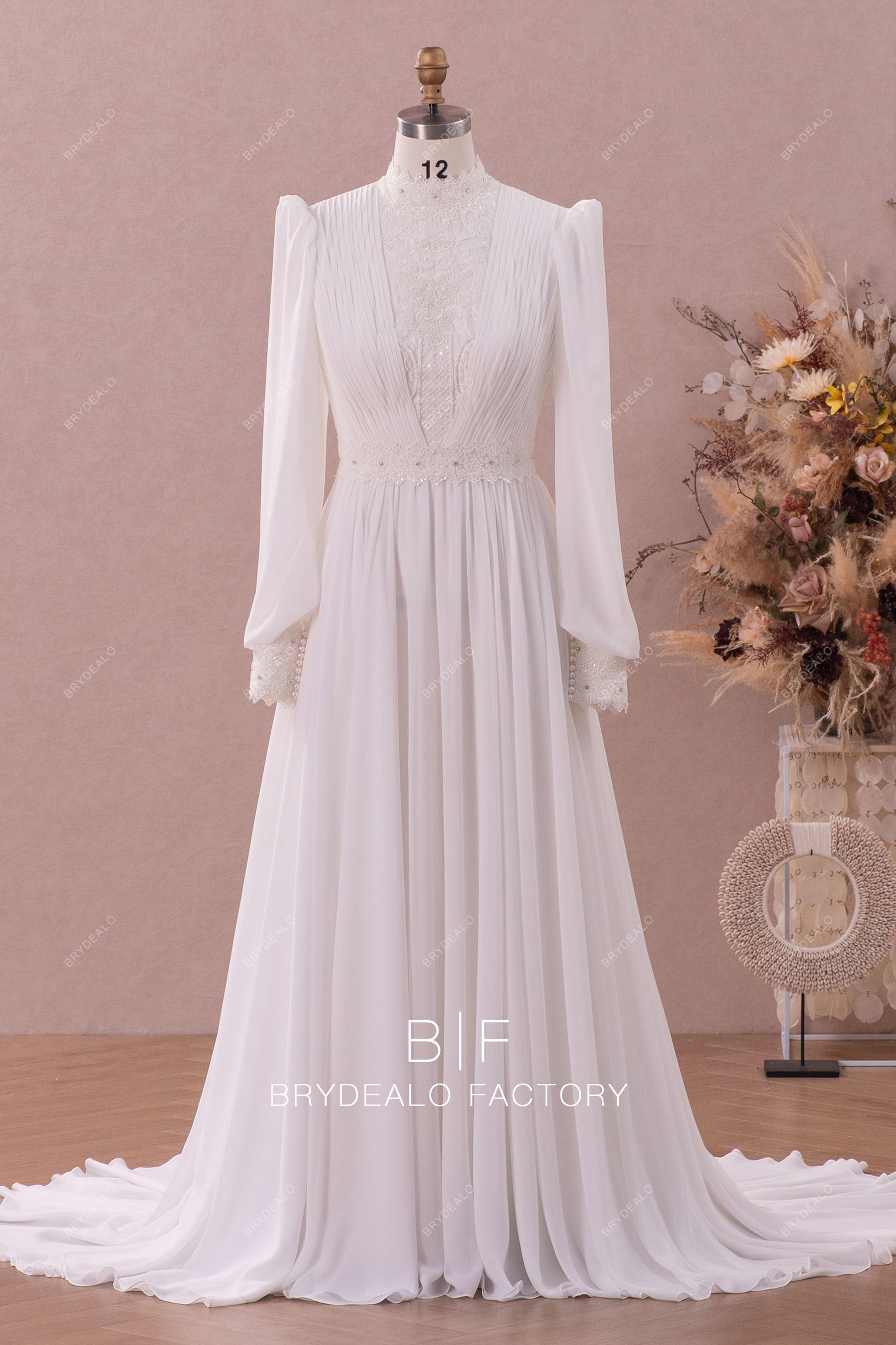 conservative sleeved beaded lace chiffon wedding dress