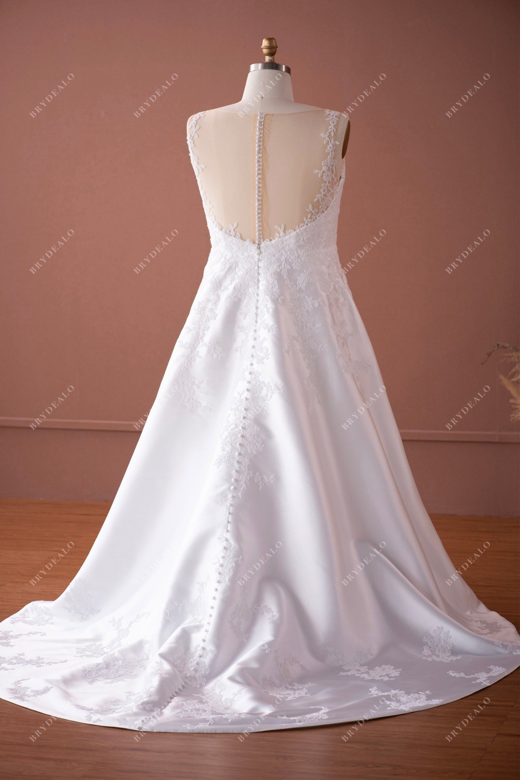 illusion back lace A-line satin court train buttons plus size wedding dress with pockets