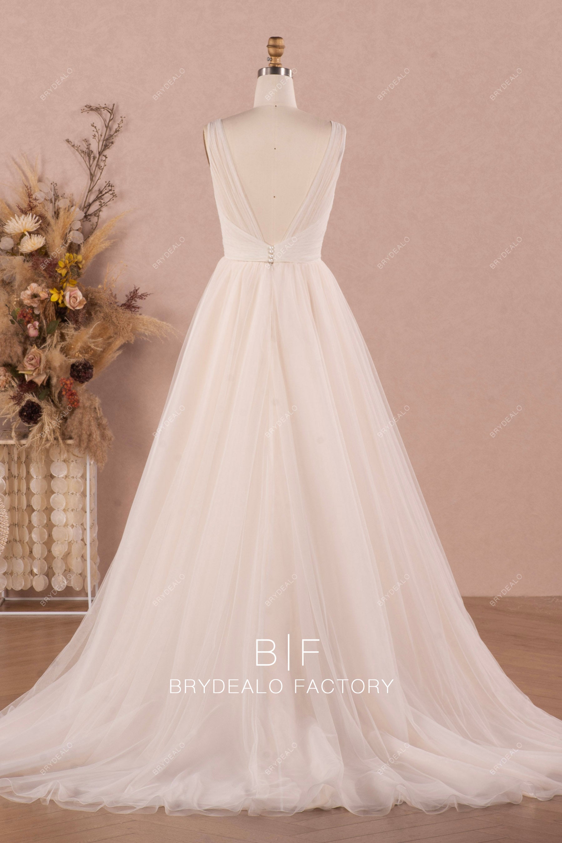 court train open back pleated tulle wedding dress