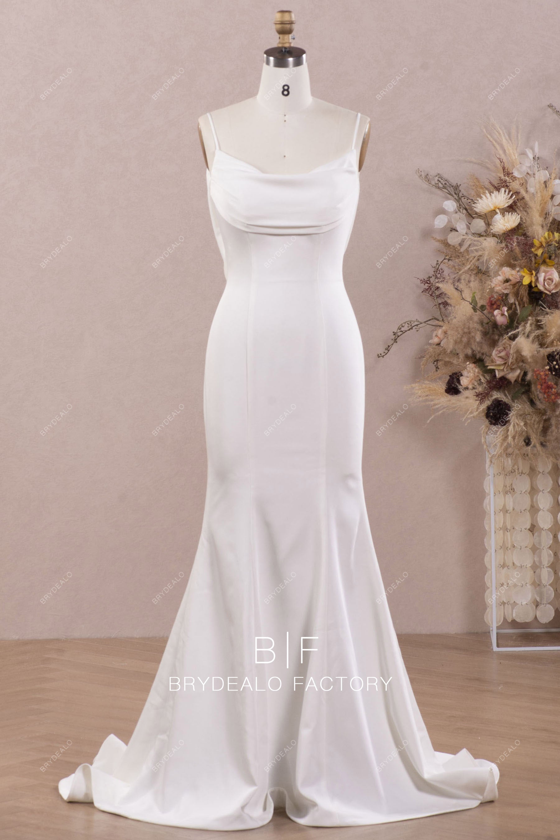 Cowl Neck Thin Straps Crepe Mermaid Bridal Gown