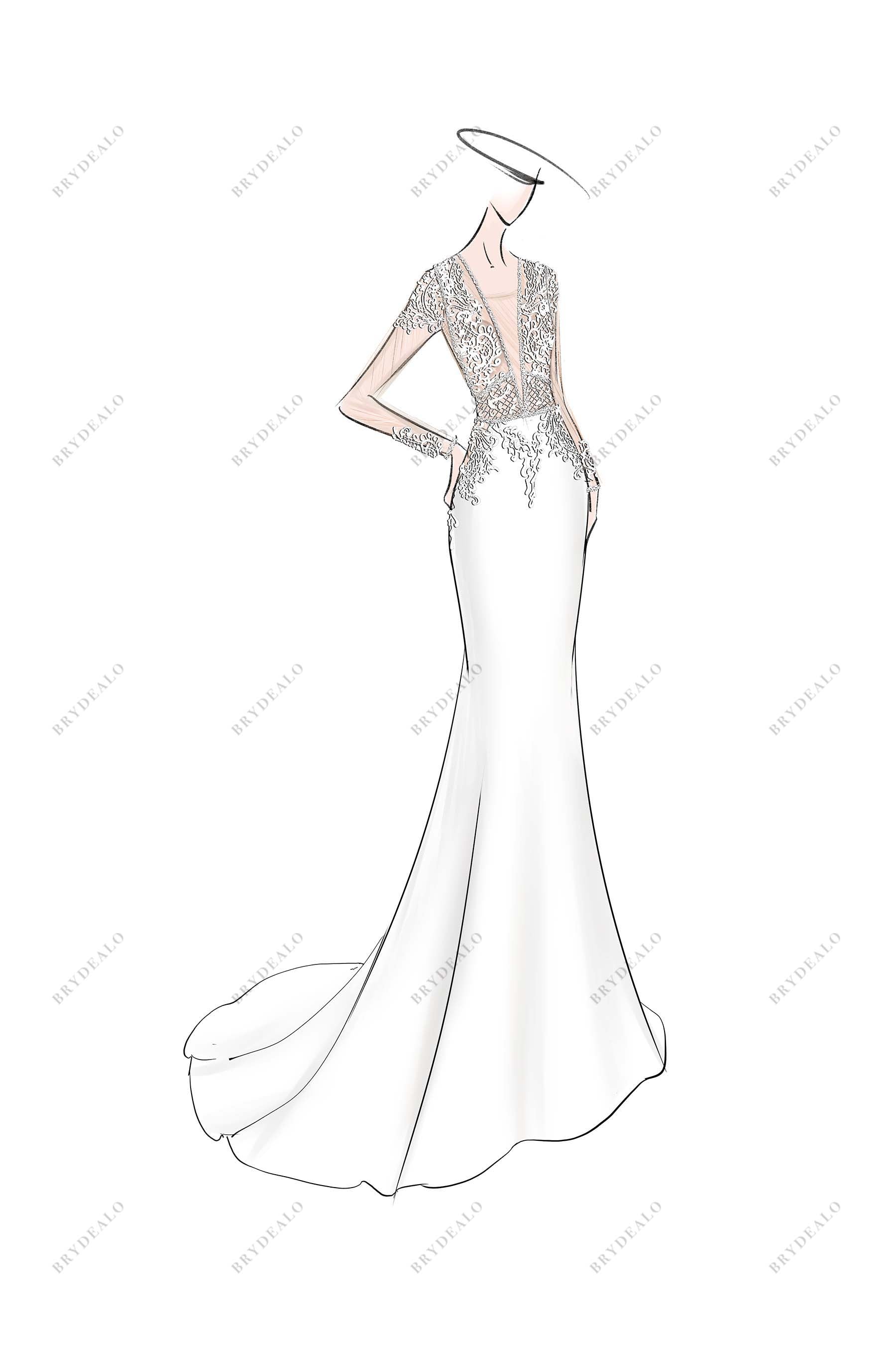 crepe mermaid long sleeve custom-made wedding dress sketch