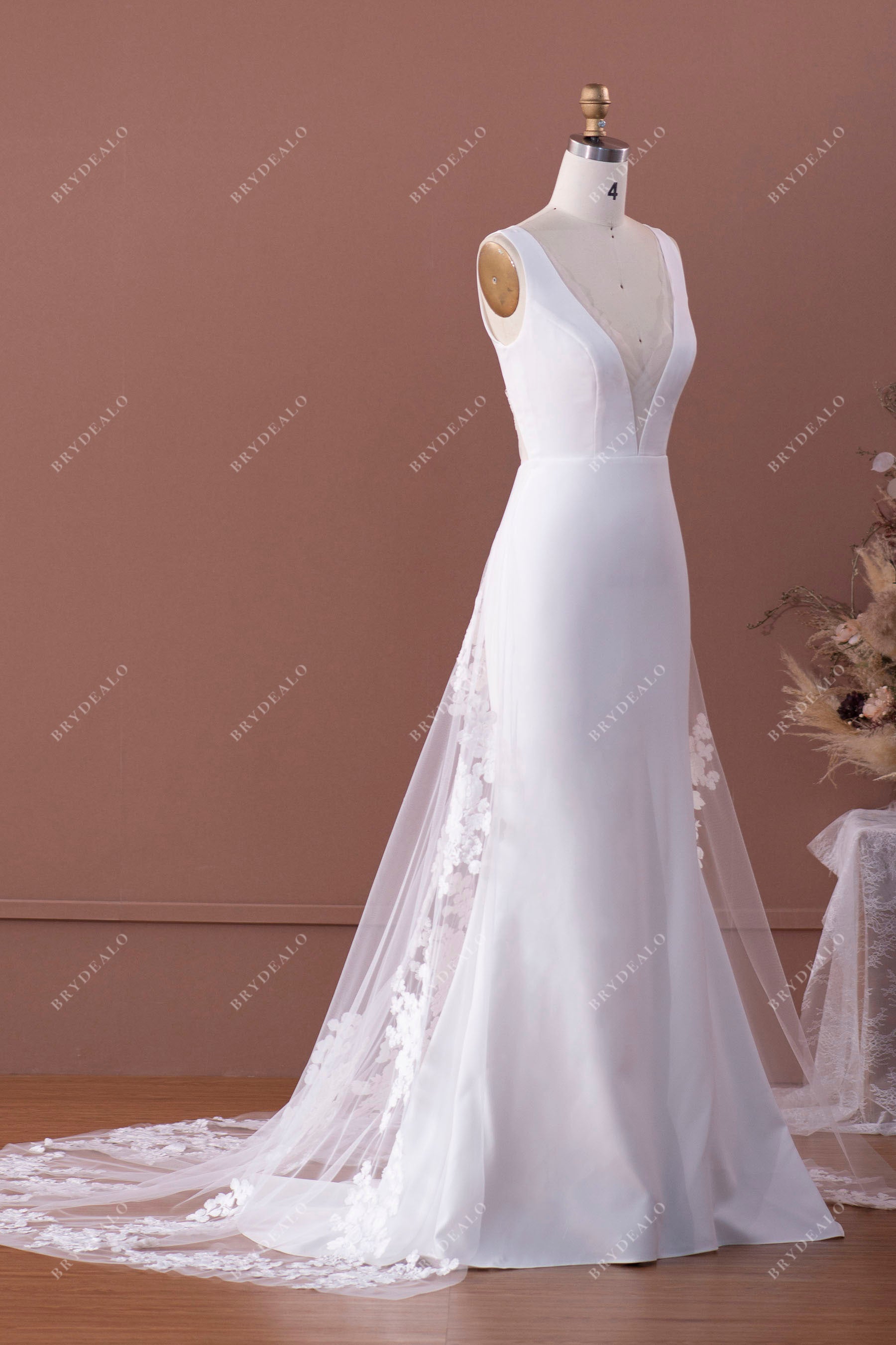 crepe mermaid wedding dress with lace panel train