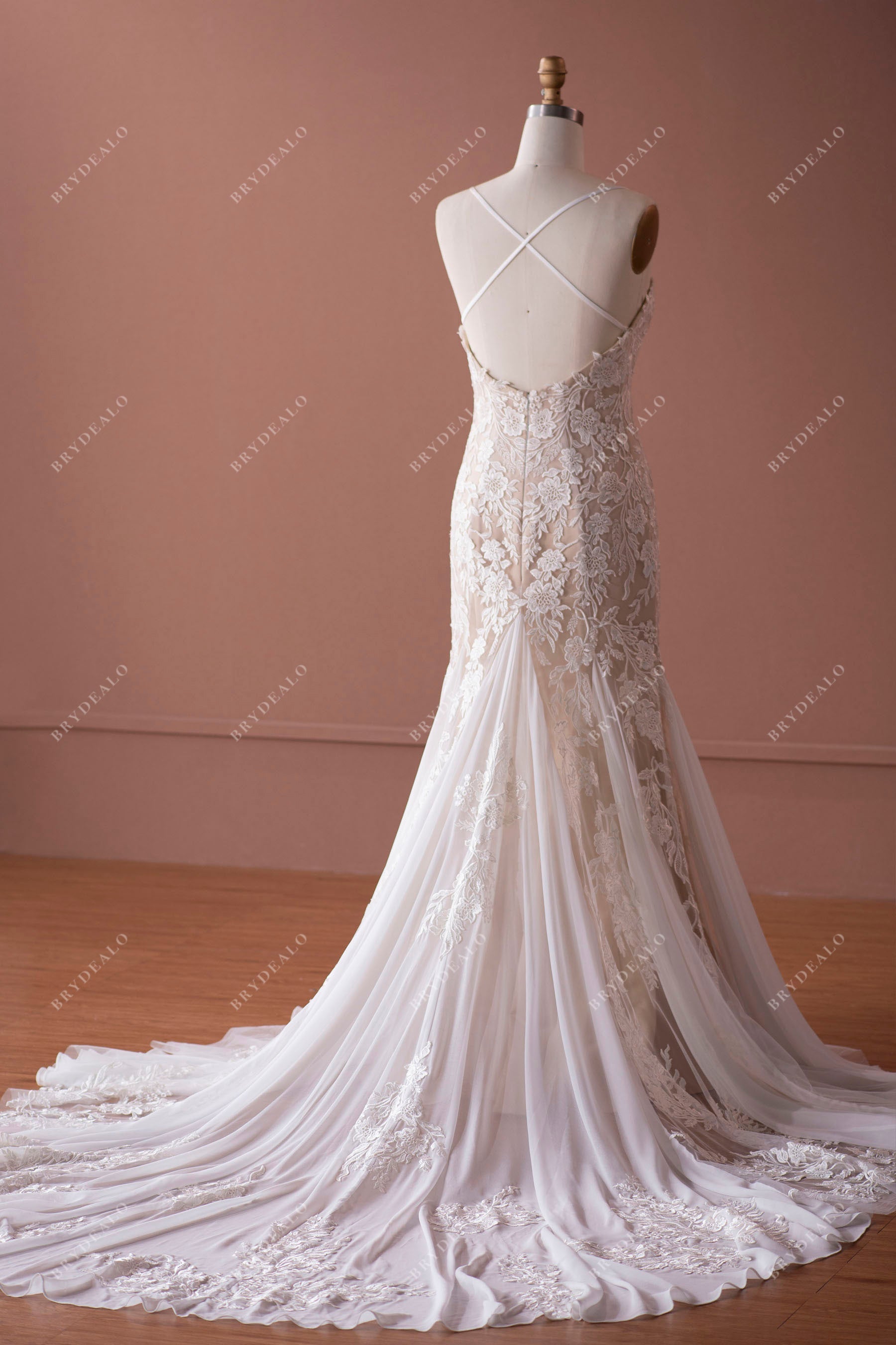 criss cross flower lace chiffon godet mermaid wedding gown