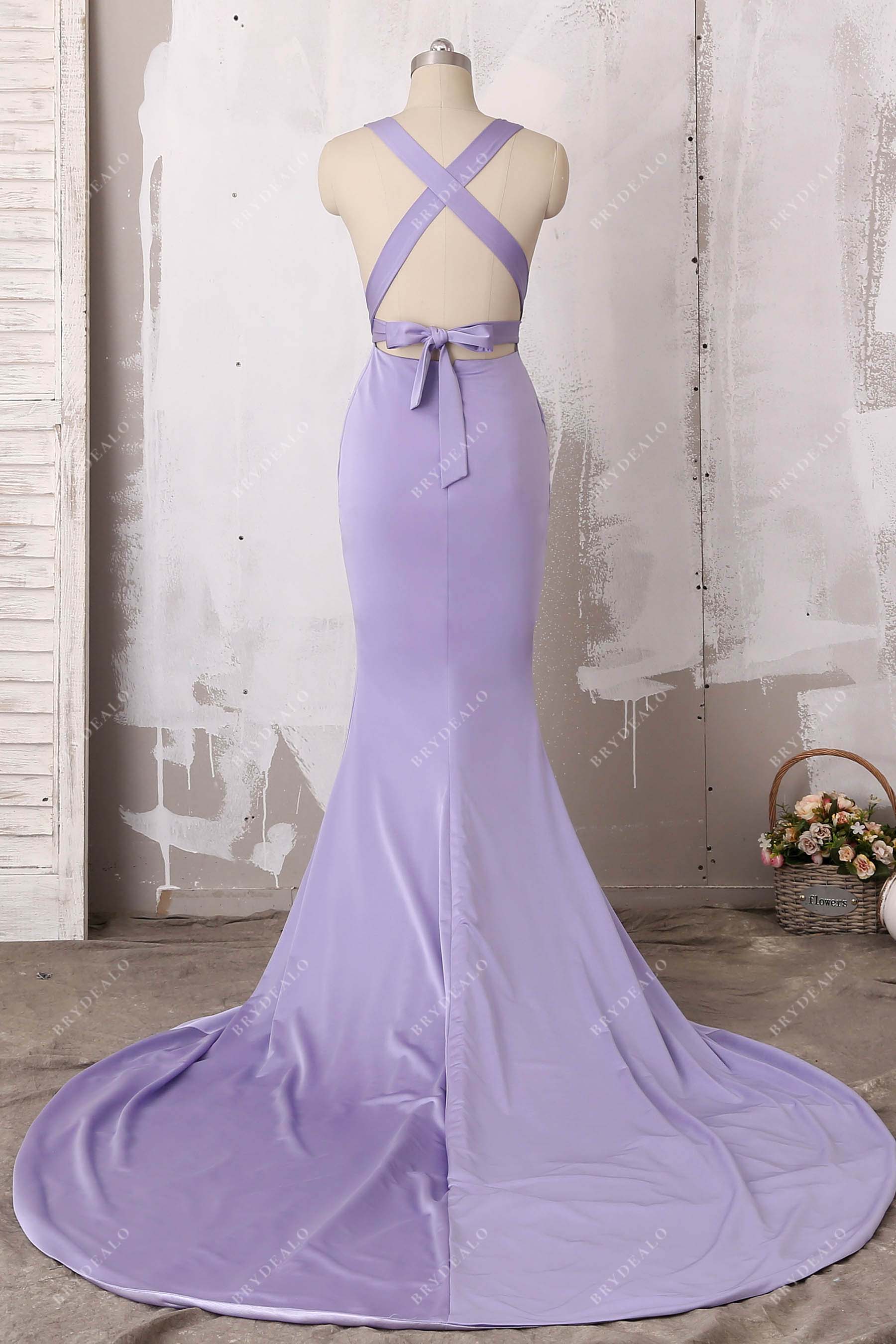 crisscross back lilac jersey prom gown